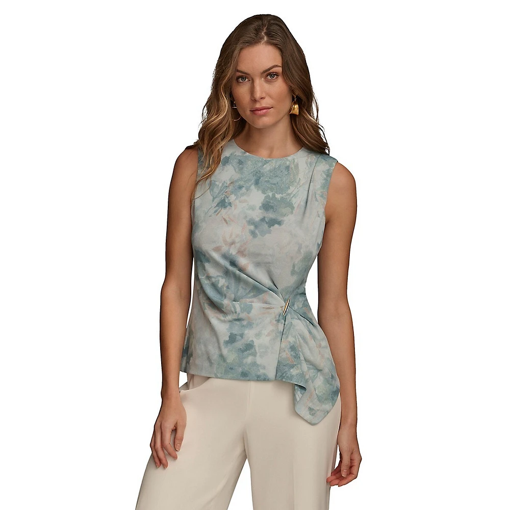 Donna Karan Sleeveless Printed Gathered Hardware Top