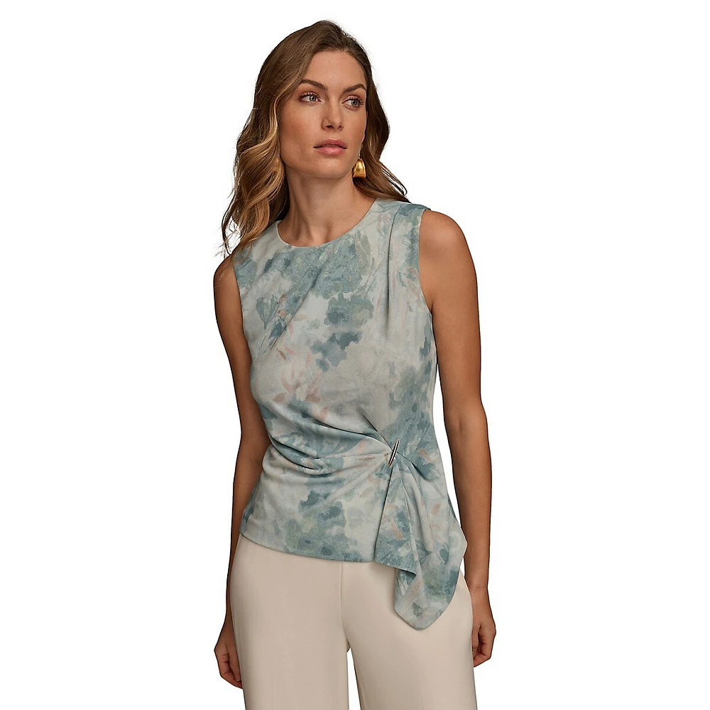 Donna Karan Sleeveless Printed Gathered Hardware Top