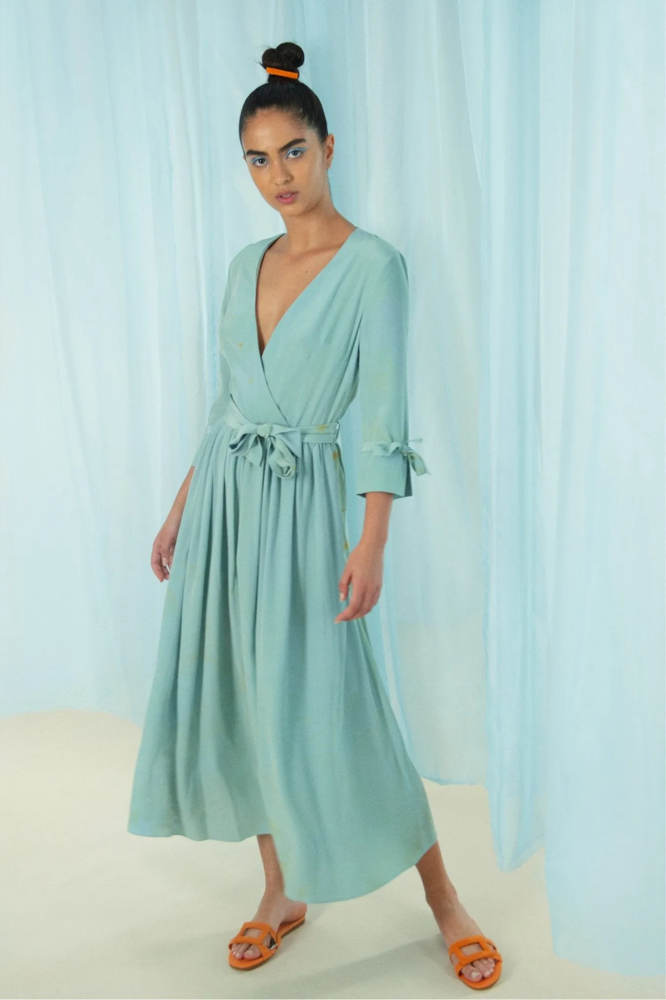 Duck Egg Blue Hand Marbled Silk Wrap Dress - Edward Mongzar