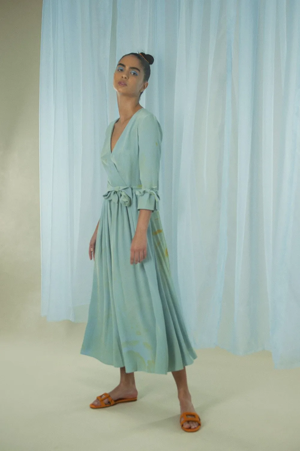 Duck Egg Blue Hand Marbled Silk Wrap Dress - Edward Mongzar