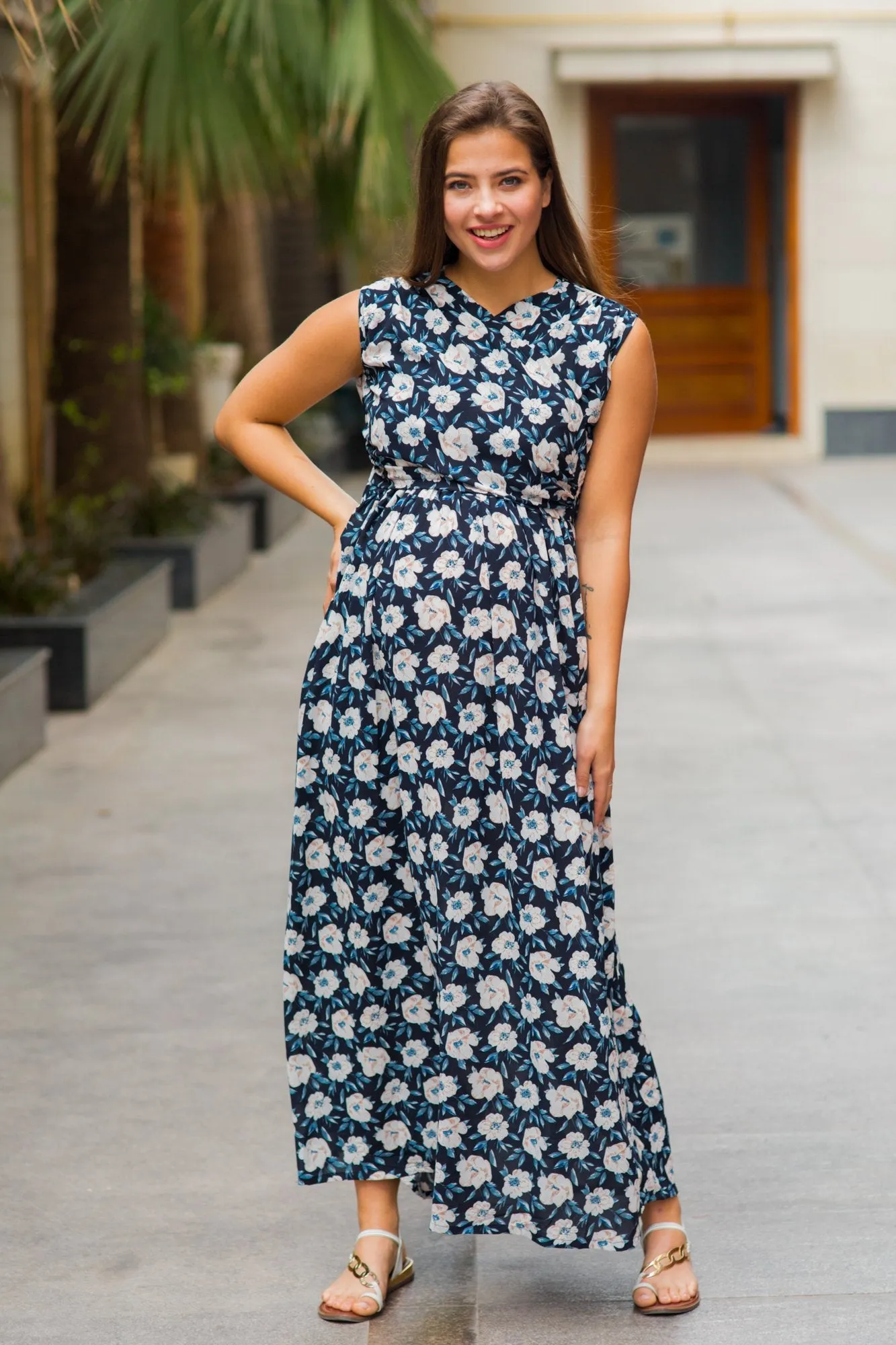 Ebony Floral Maternity & Nursing Sleeveless Wrap Dress