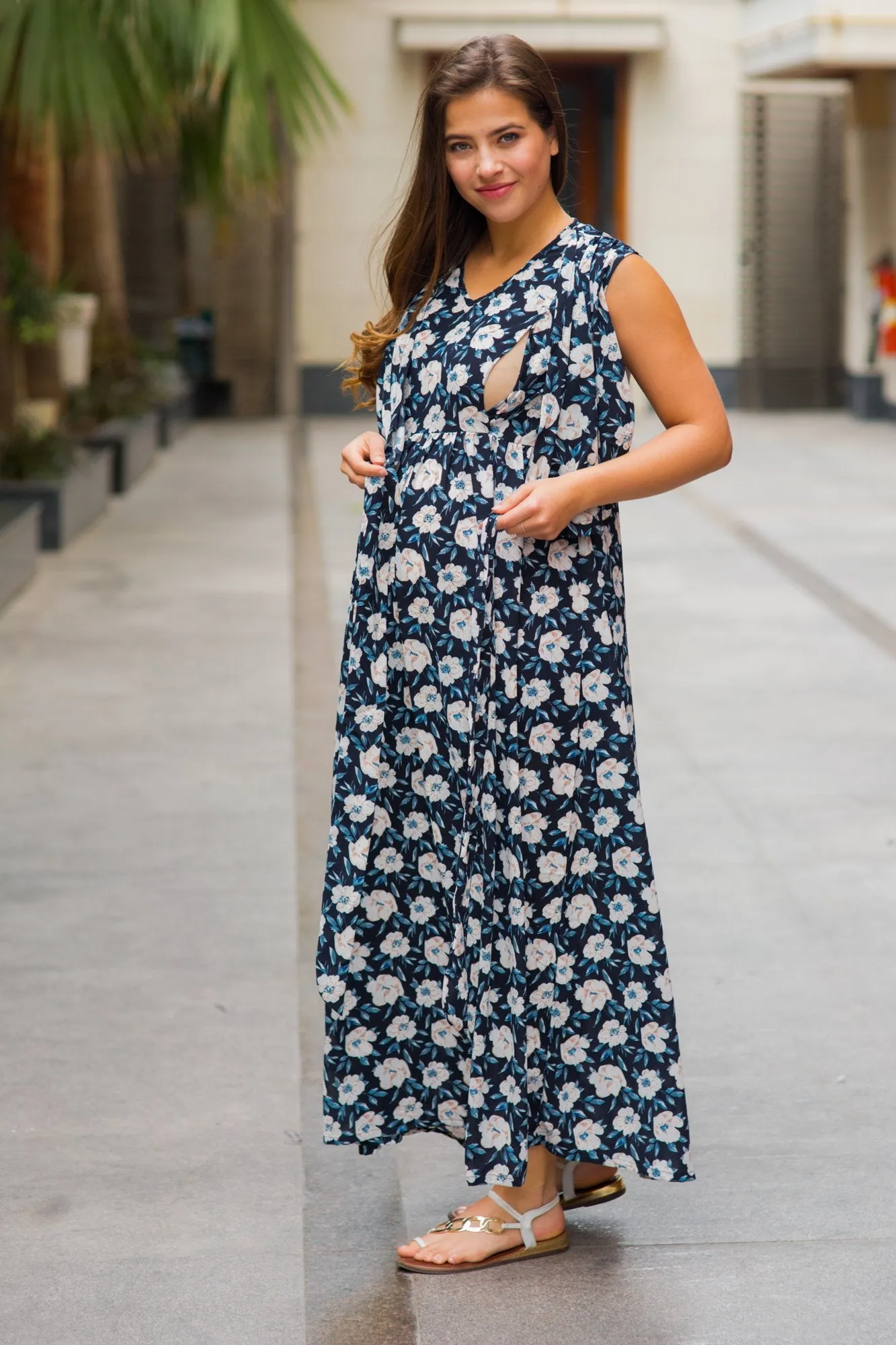 Ebony Floral Maternity & Nursing Sleeveless Wrap Dress