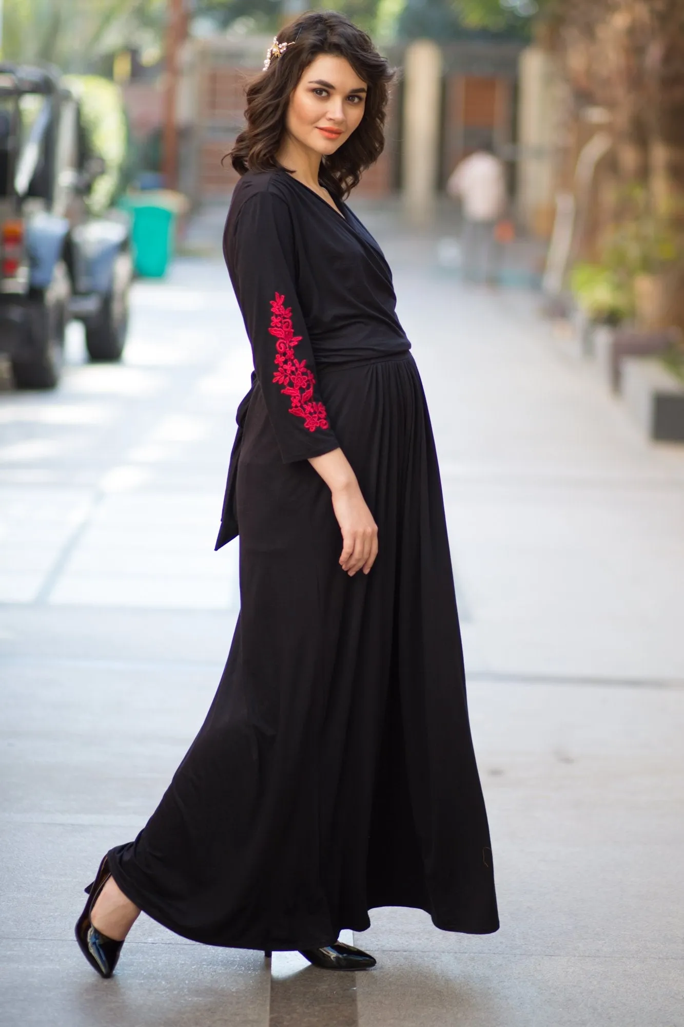 Elegant Black Red Crochet Maternity & Nursing Wrap Dress