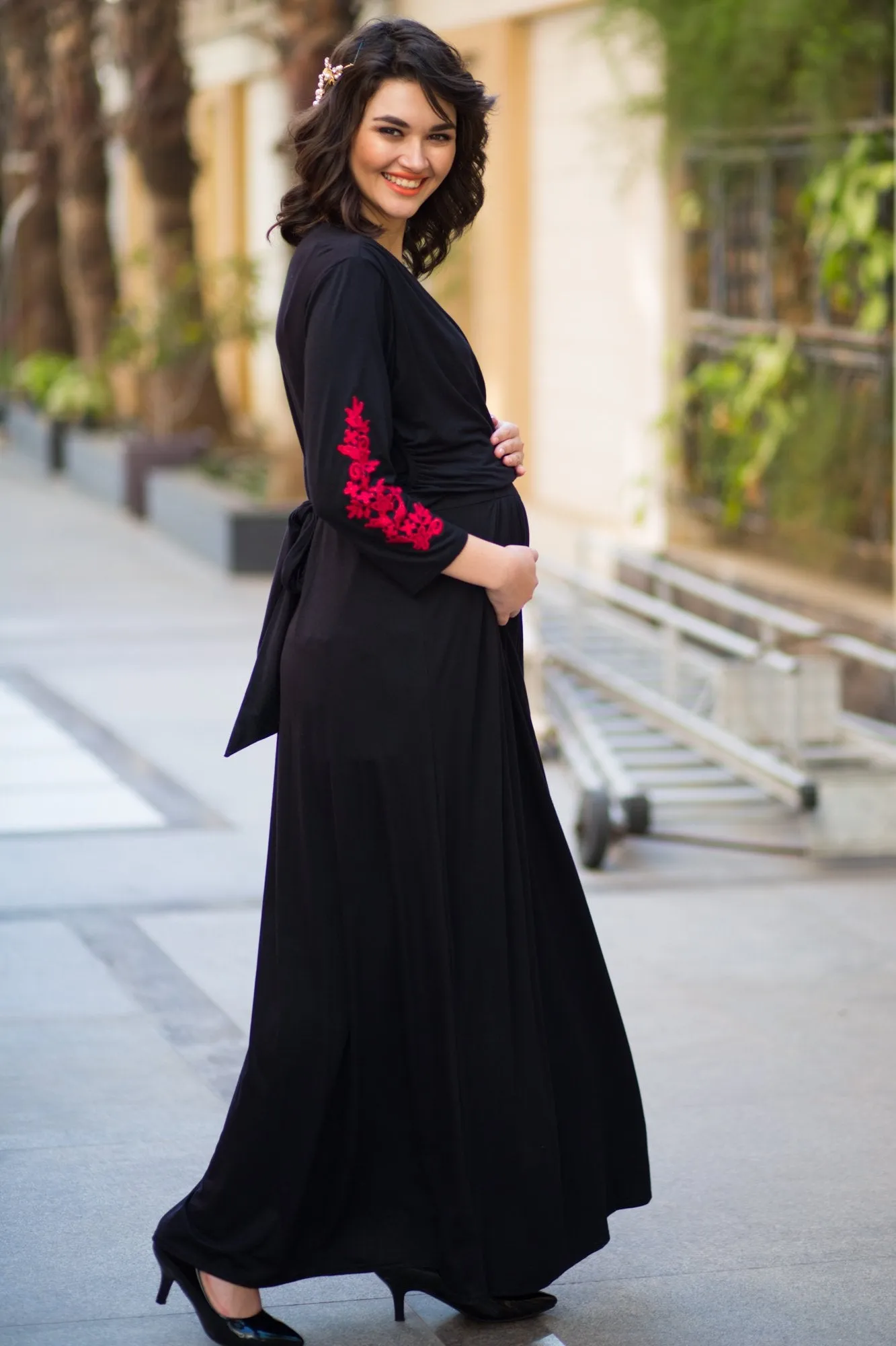 Elegant Black Red Crochet Maternity & Nursing Wrap Dress