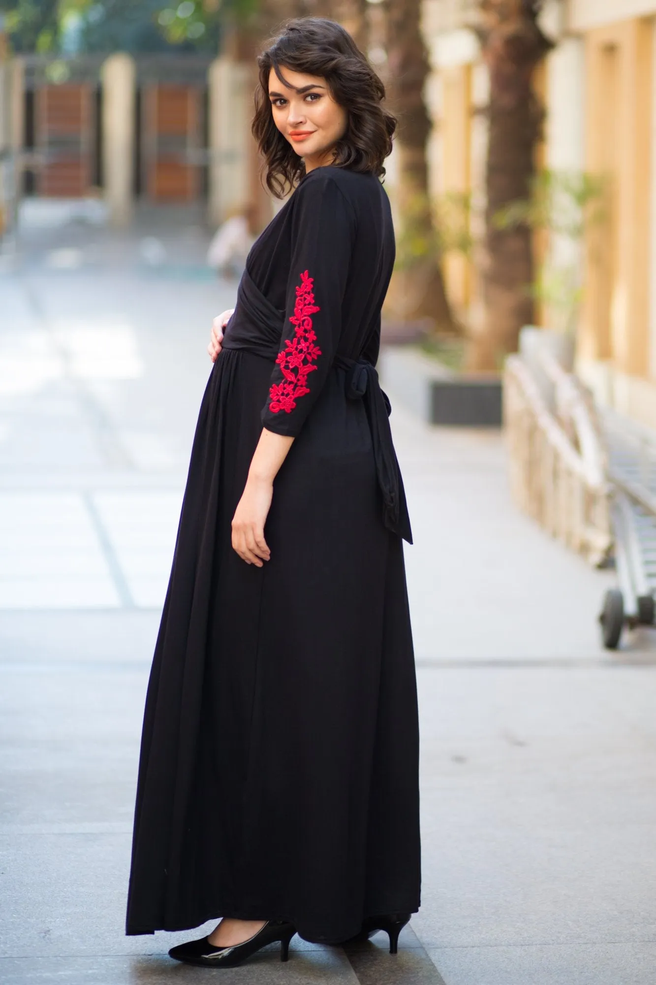 Elegant Black Red Crochet Maternity & Nursing Wrap Dress