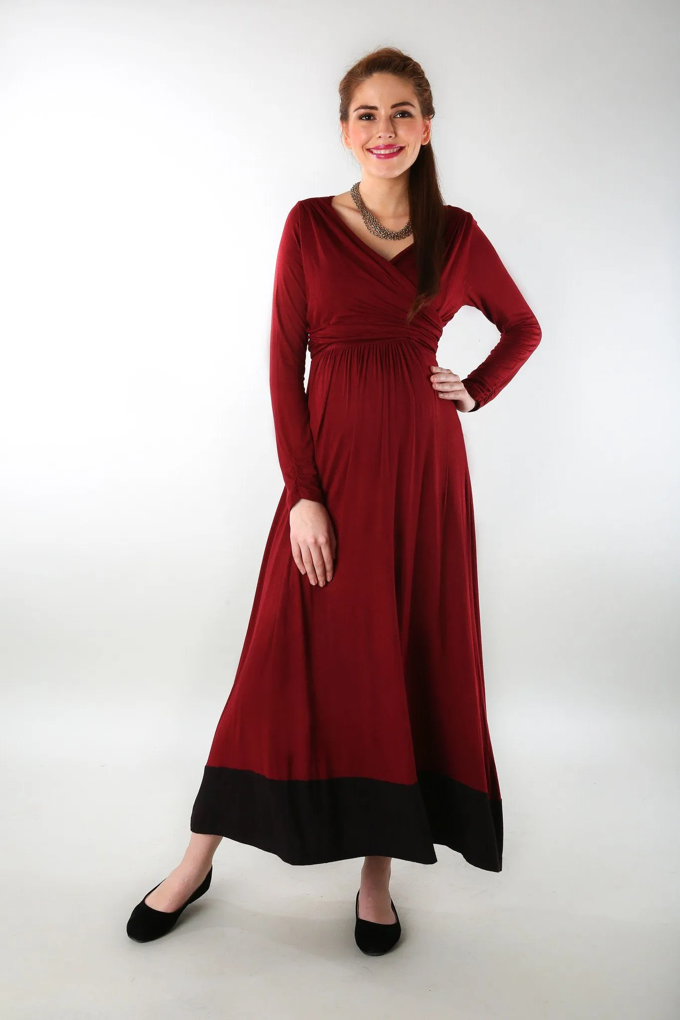 Elegant Wine Front Wrap Maternity Dress