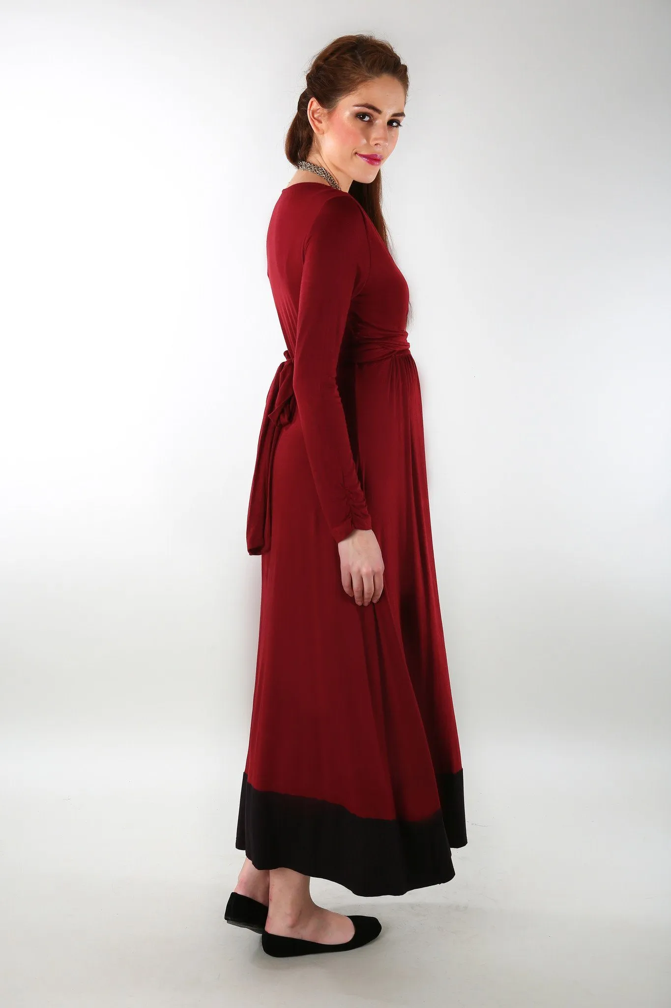 Elegant Wine Front Wrap Maternity Dress