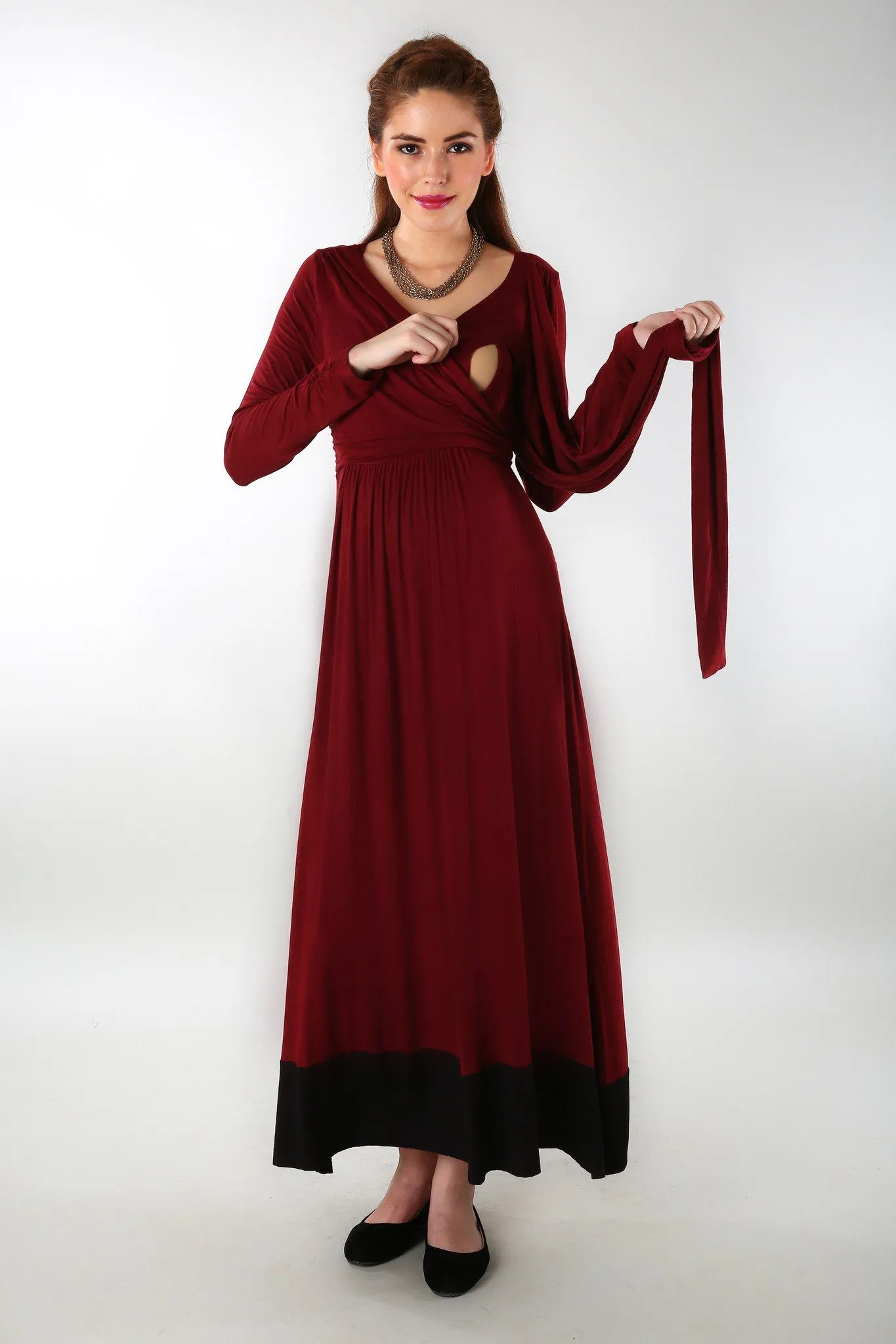 Elegant Wine Front Wrap Maternity Dress