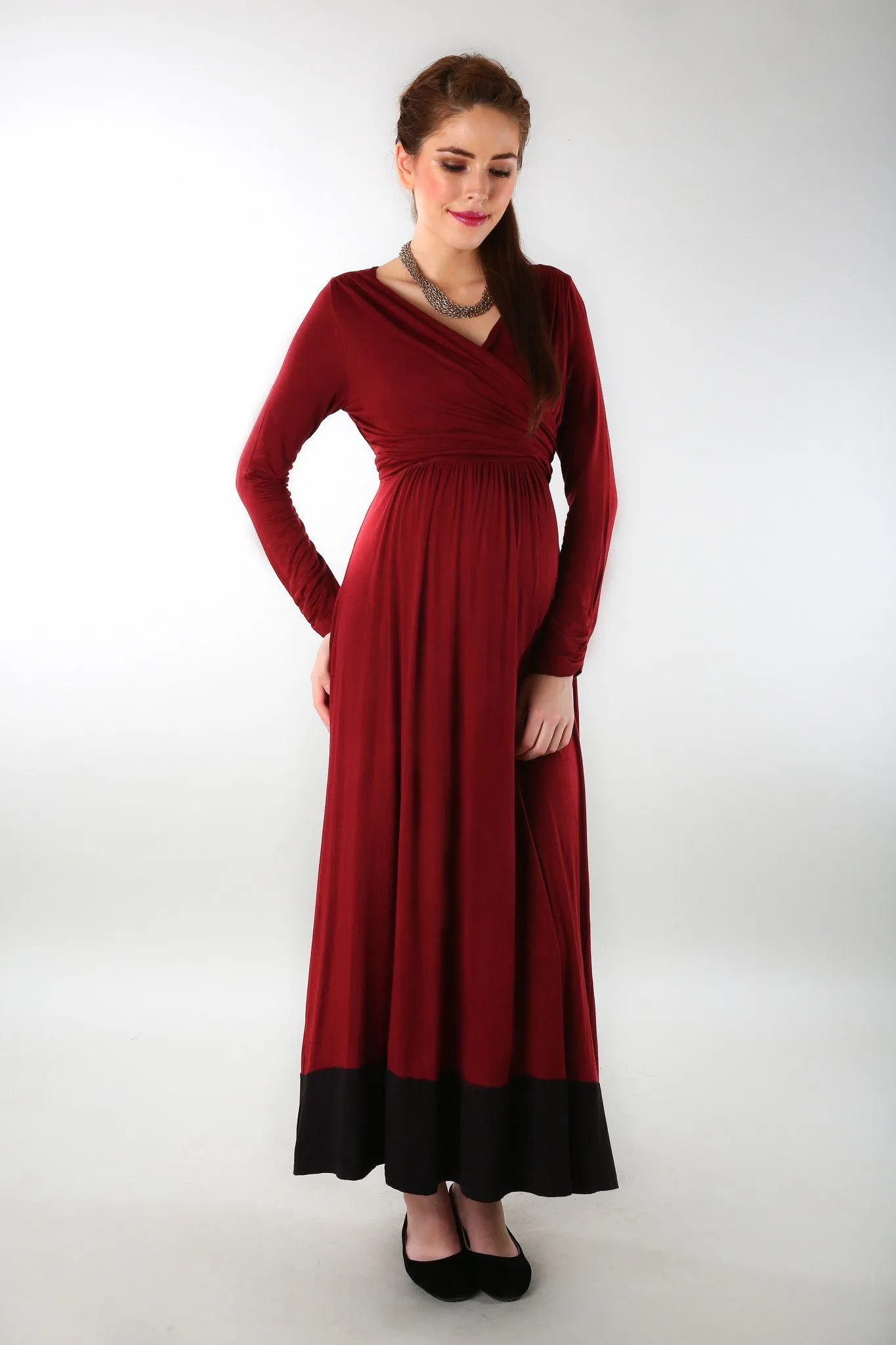 Elegant Wine Front Wrap Maternity Dress