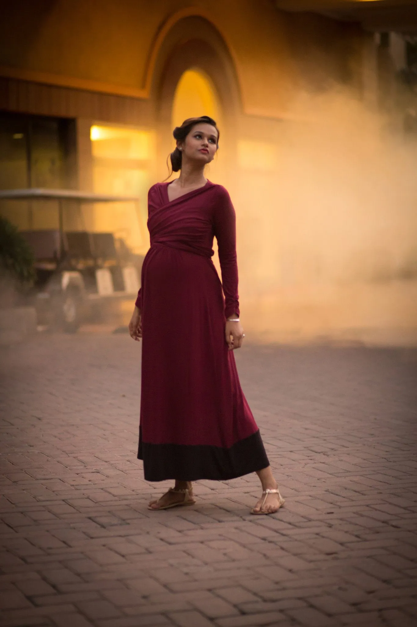 Elegant Wine Front Wrap Maternity Dress