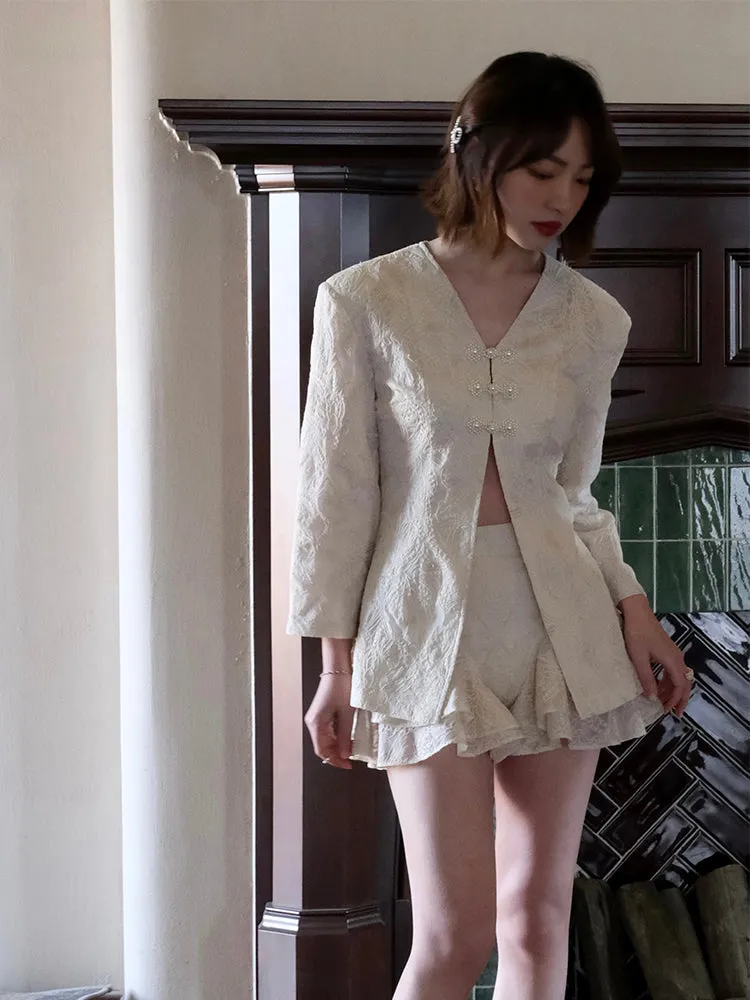 Embroidery Frill Feminine Set Jacket&Short-Pants