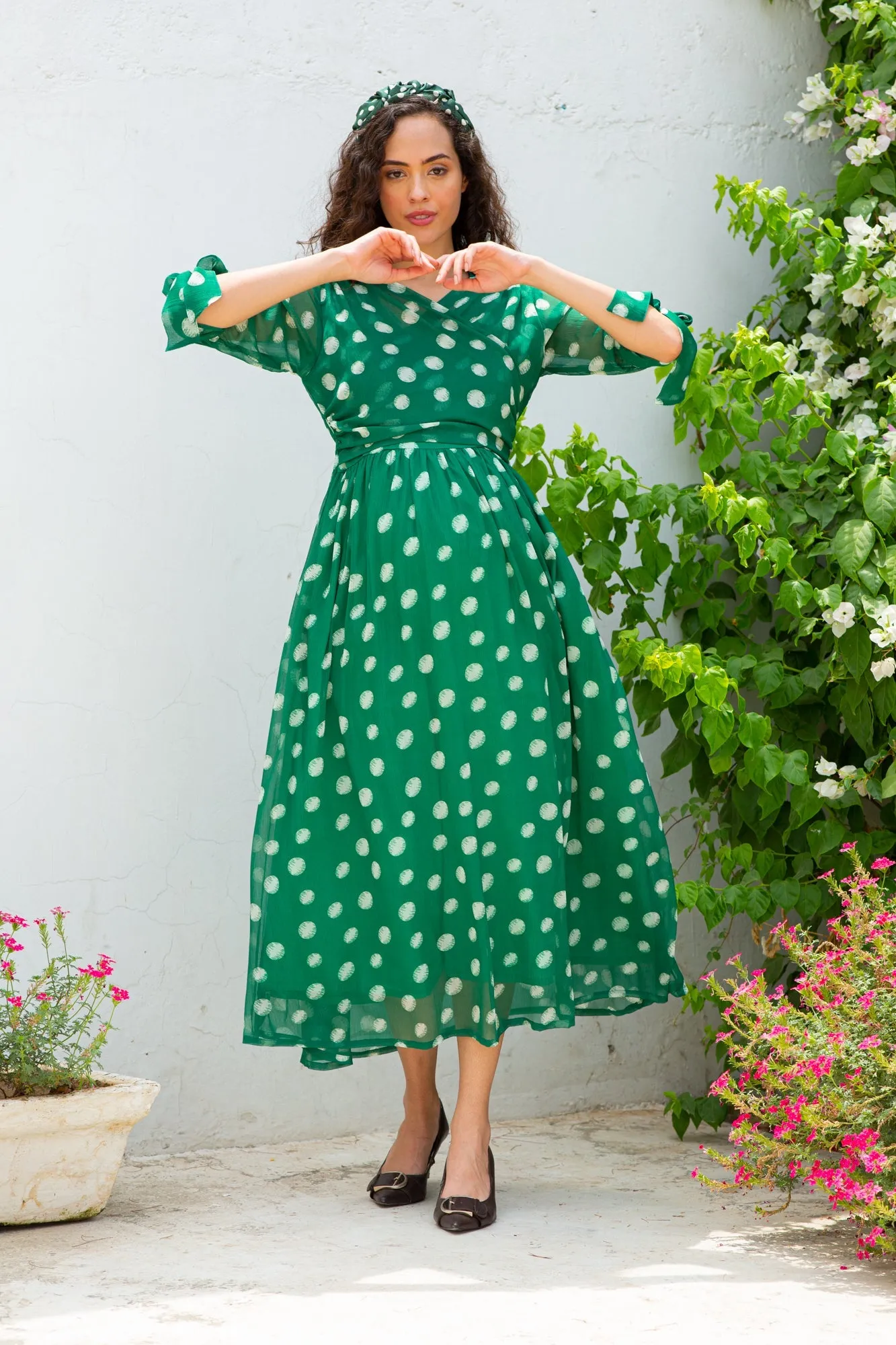 Emerald Dancing Polka Maternity & Nursing Midi Wrap Dress