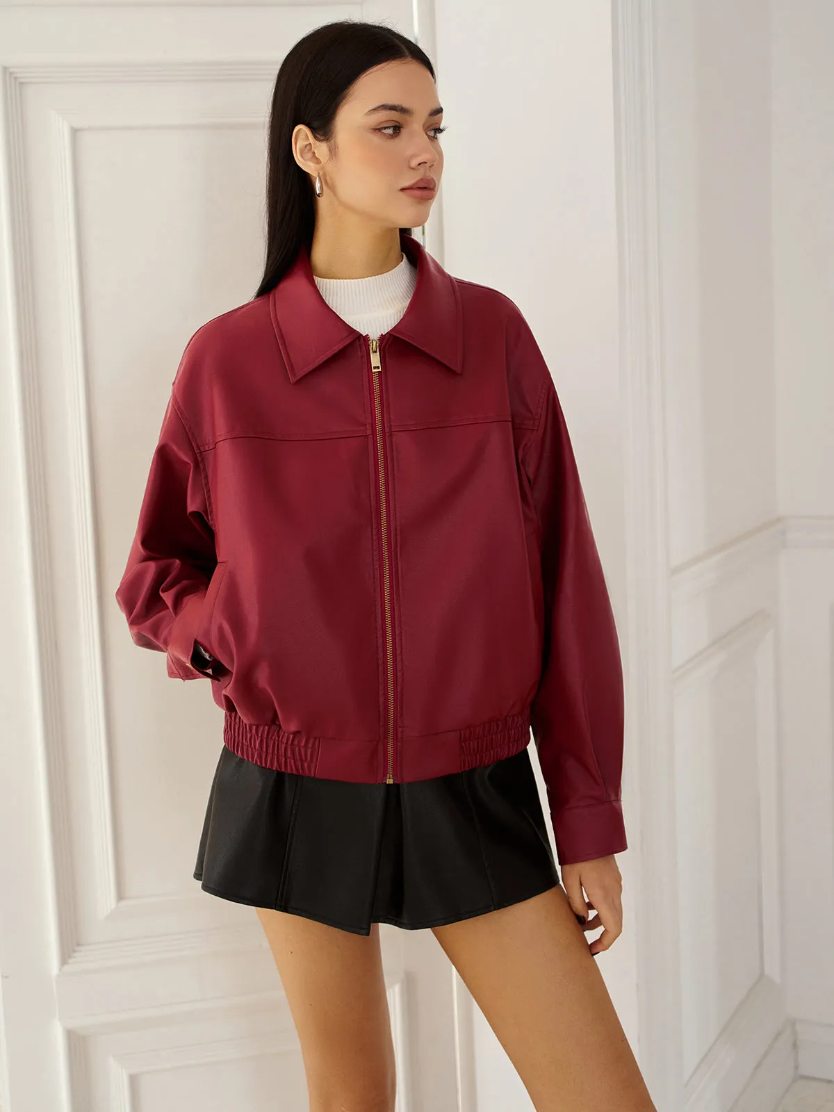 Faux Leather Zip Polo Jacket