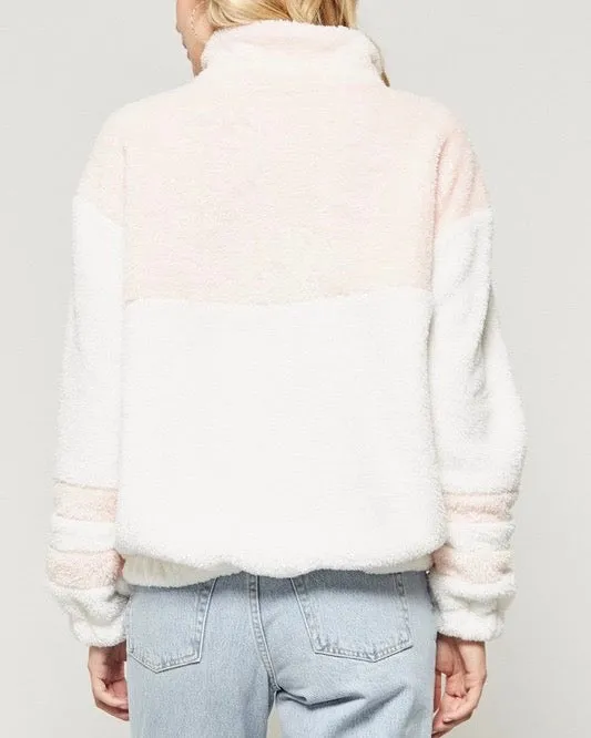 Final Sale - Two Tone Sherpa Half-Zip Pullover - Ivory/Blush