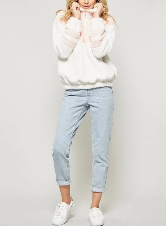 Final Sale - Two Tone Sherpa Half-Zip Pullover - Ivory/Blush