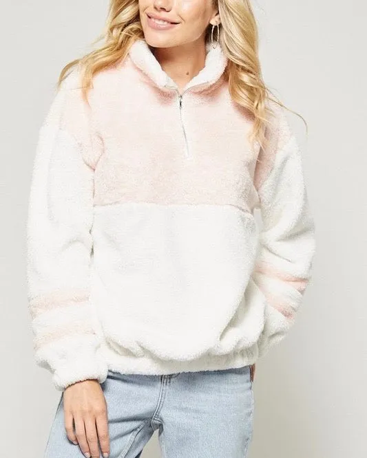 Final Sale - Two Tone Sherpa Half-Zip Pullover - Ivory/Blush