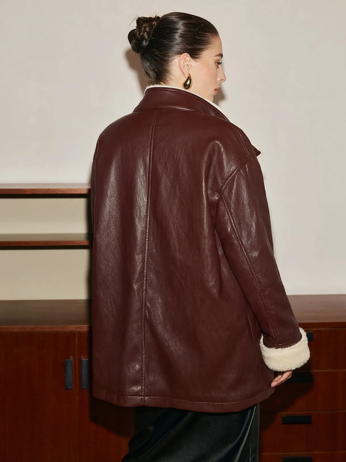 Fleecing PU Leather Belted Jacket