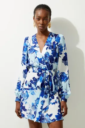 Floral Printed Morocain Woven Wrap Mini Dress | Karen Millen