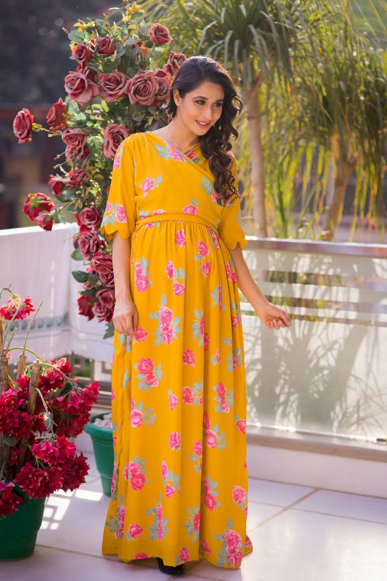 Fresh Blossom Mustard Maternity & Nursing Crepe Wrap Dress