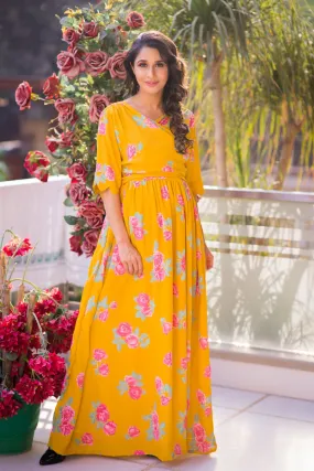 Fresh Blossom Mustard Maternity & Nursing Crepe Wrap Dress