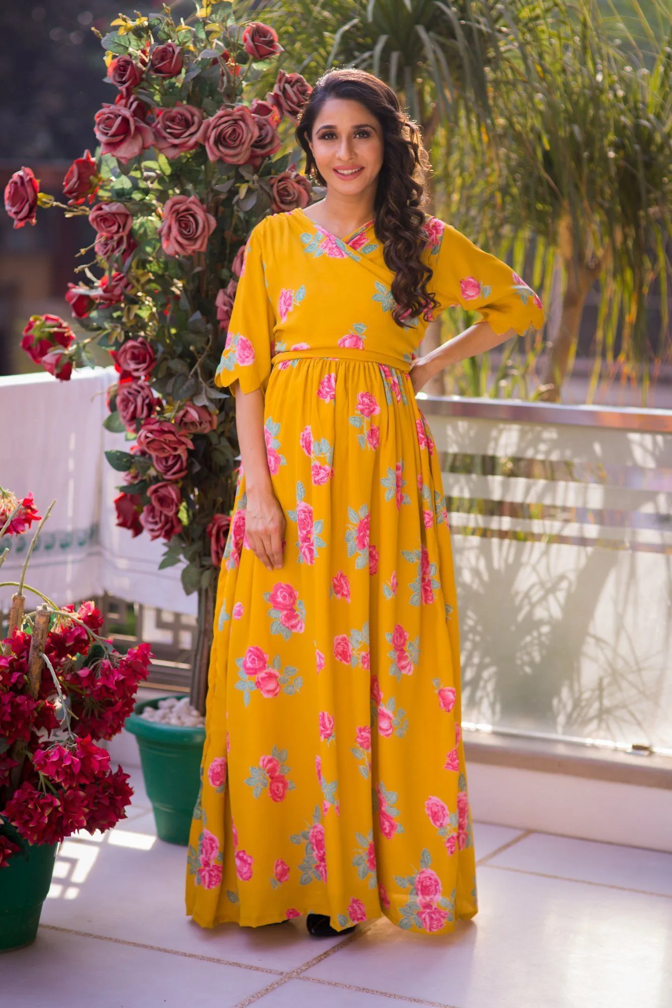 Fresh Blossom Mustard Maternity & Nursing Crepe Wrap Dress