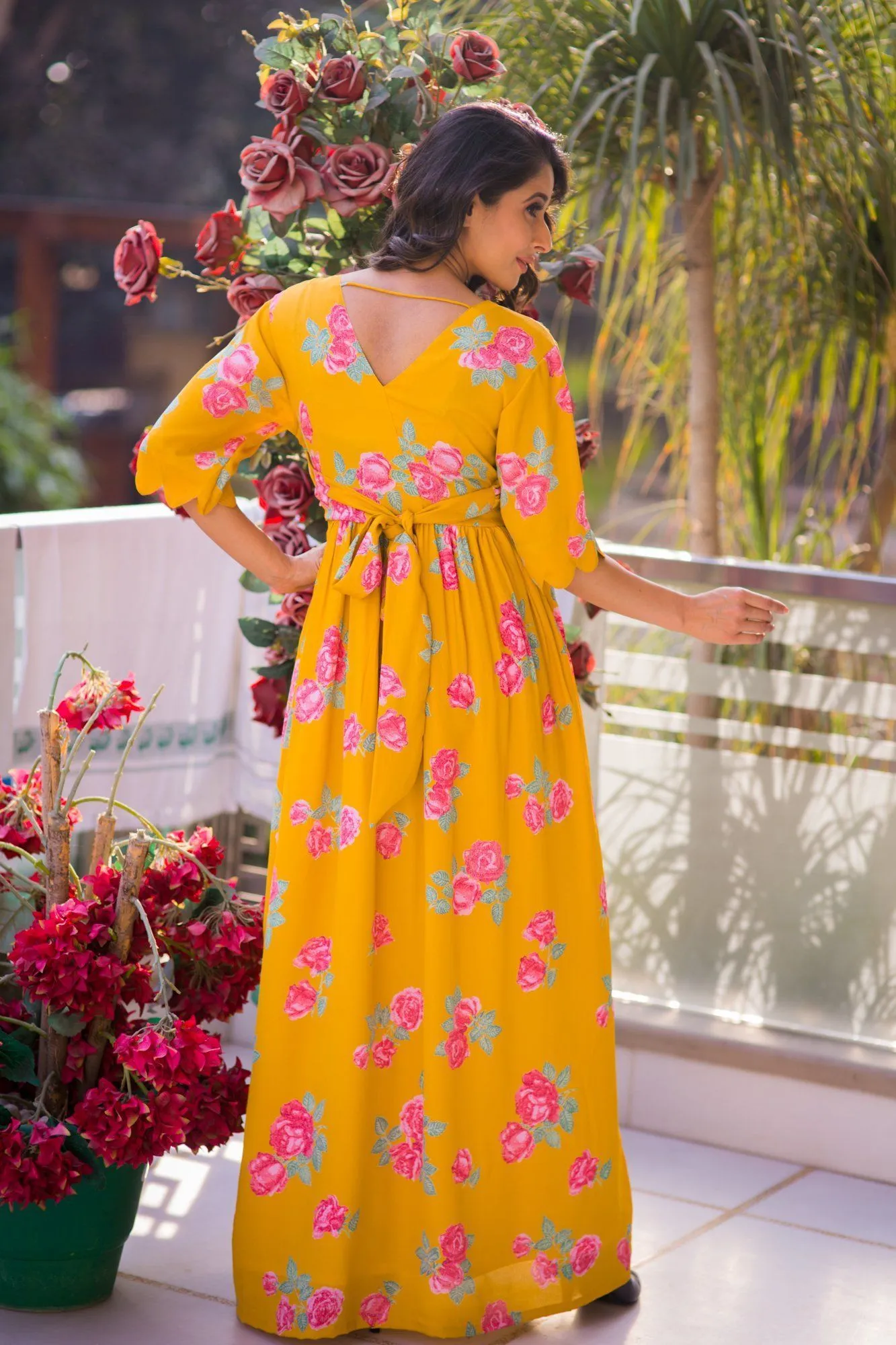 Fresh Blossom Mustard Maternity & Nursing Crepe Wrap Dress