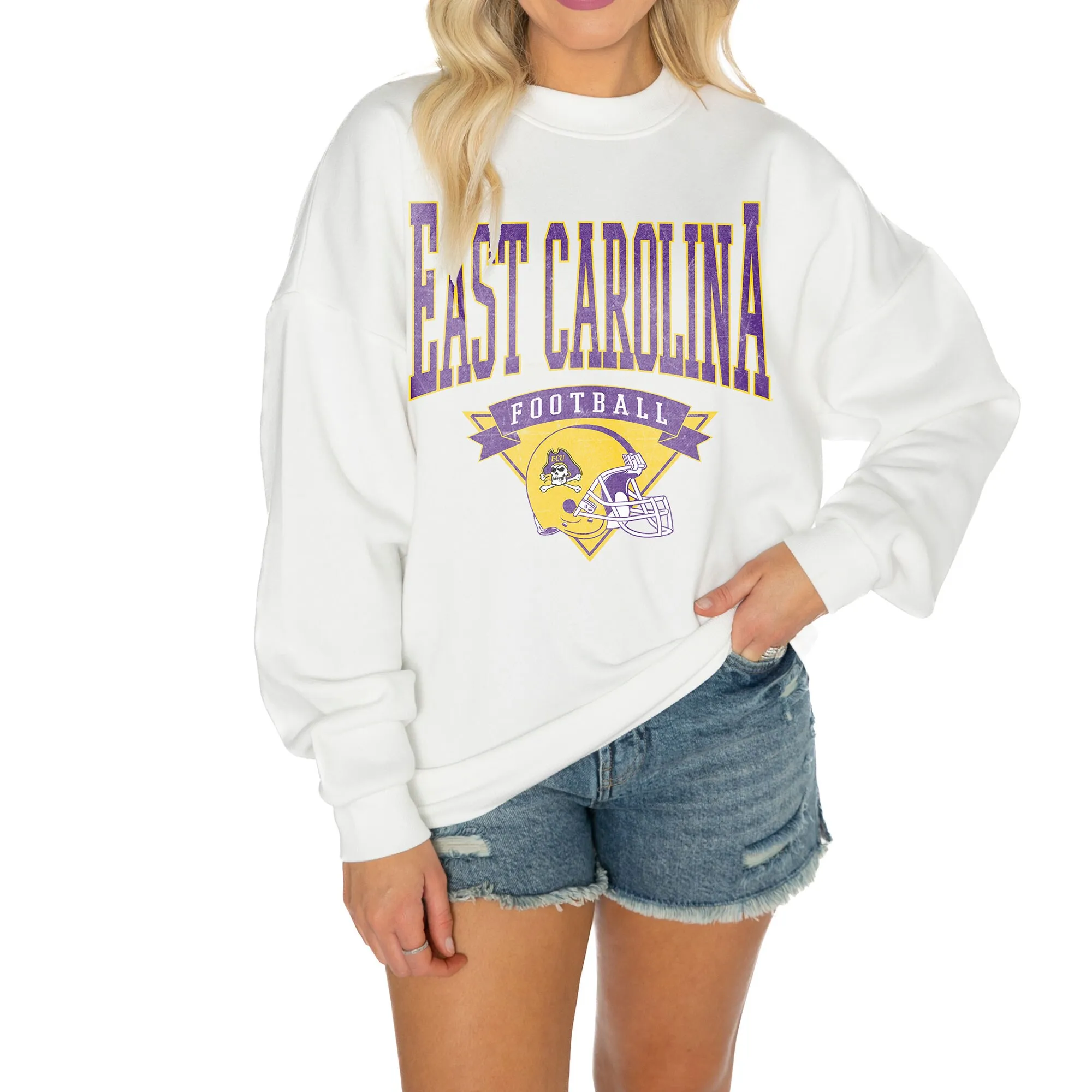 Gameday Couture ECU Pirates Women's White Good Vibes Premium Fleece Drop Shoulder Pullover Sweatshirt