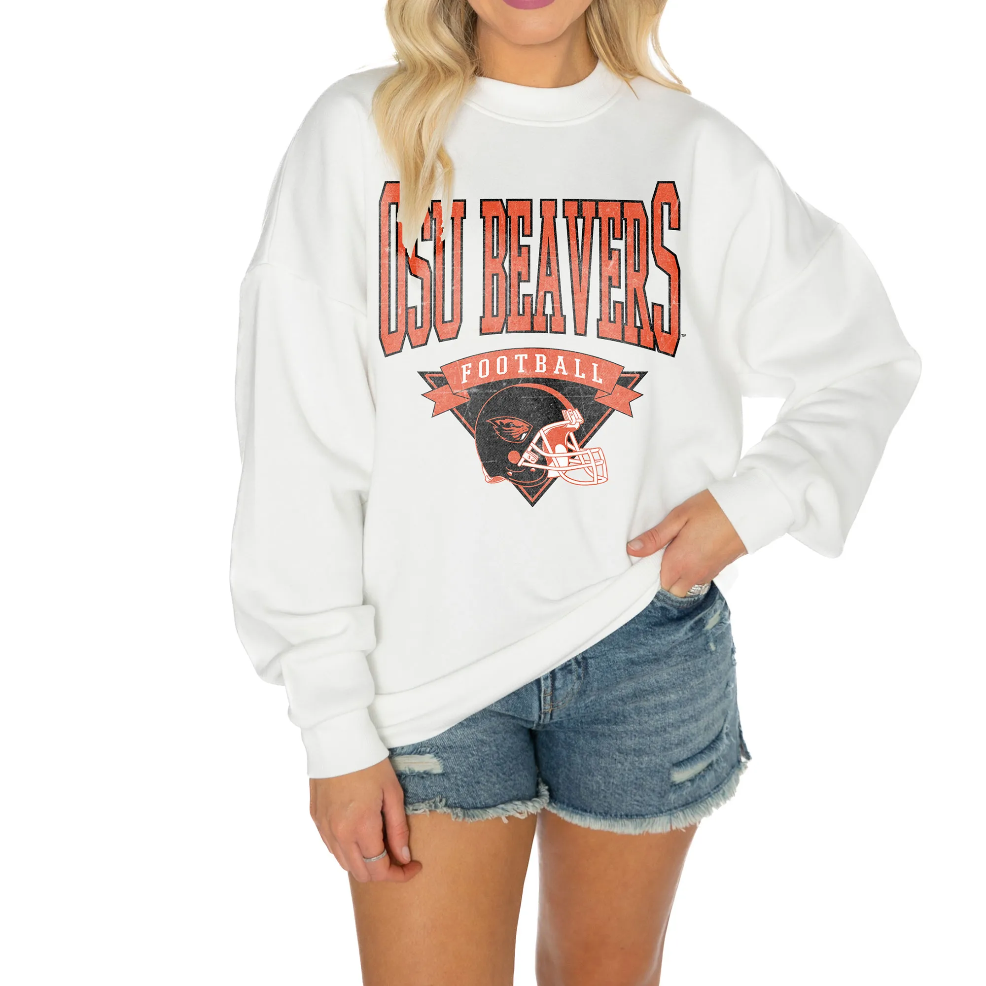 Gameday Couture Oregon State Beavers Women's White Good Vibes Premium Fleece Drop Shoulder Pullover Sweatshirt