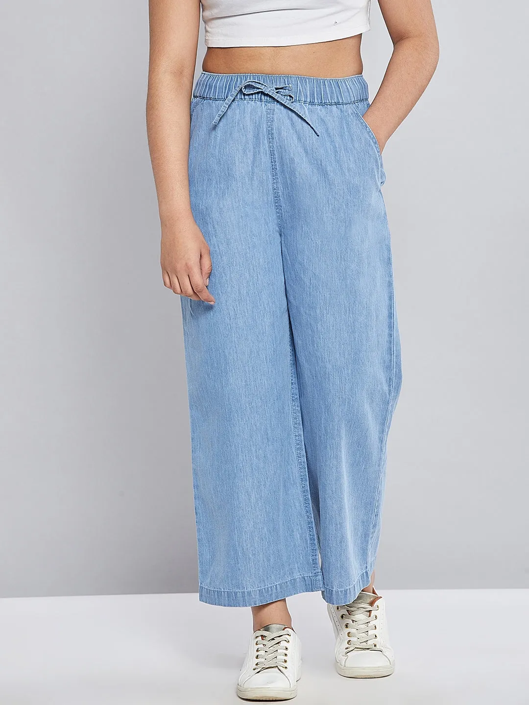 Girls Blue Tencel Wide Leg Drawstring Pants