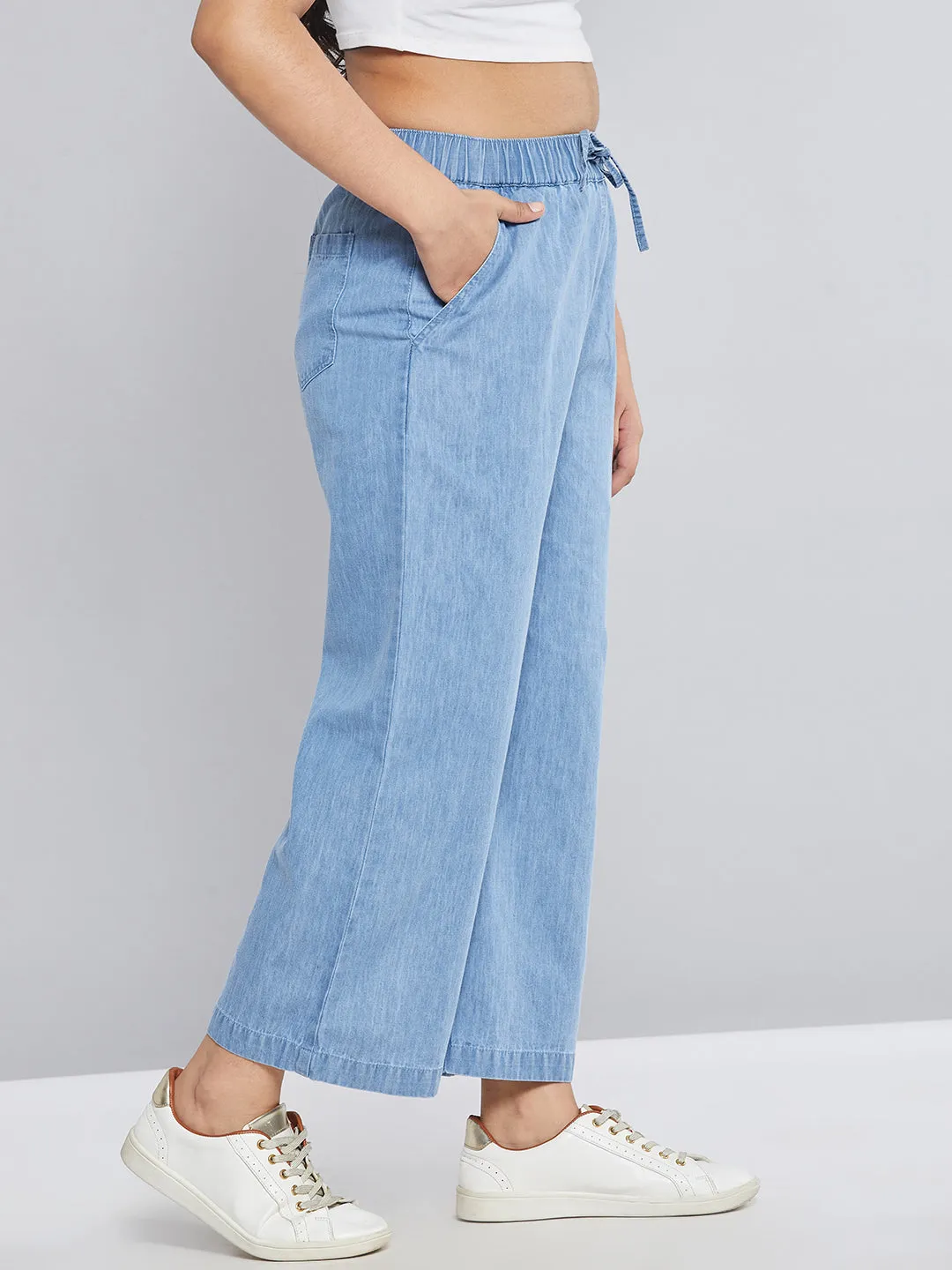 Girls Blue Tencel Wide Leg Drawstring Pants