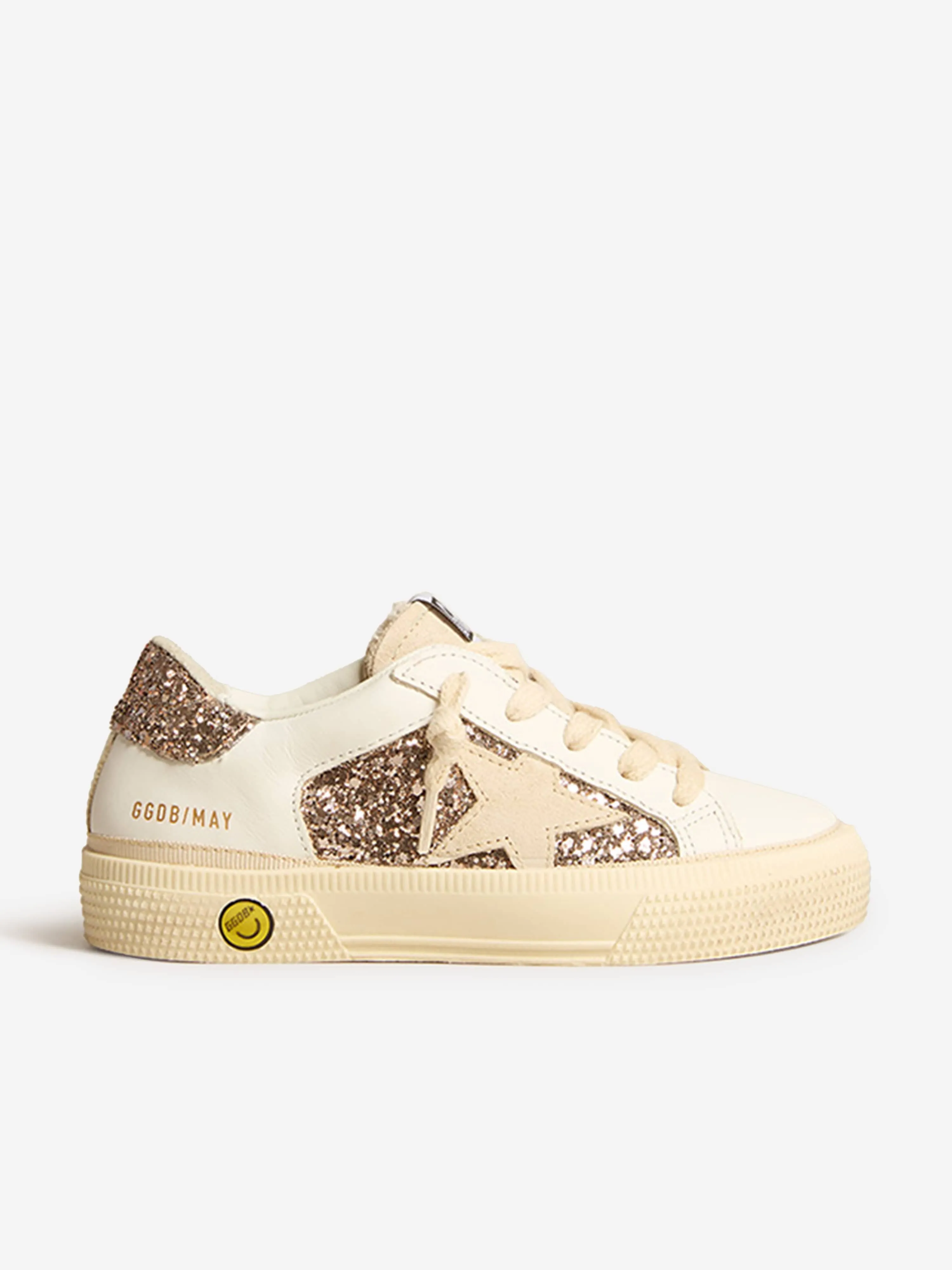 Golden Goose Girls May Leather And Glitter Trainers in Cream