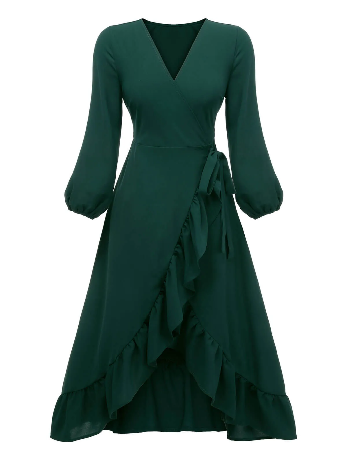 Green 1950s Lantern Sleeve Wrap V-Neck Dress