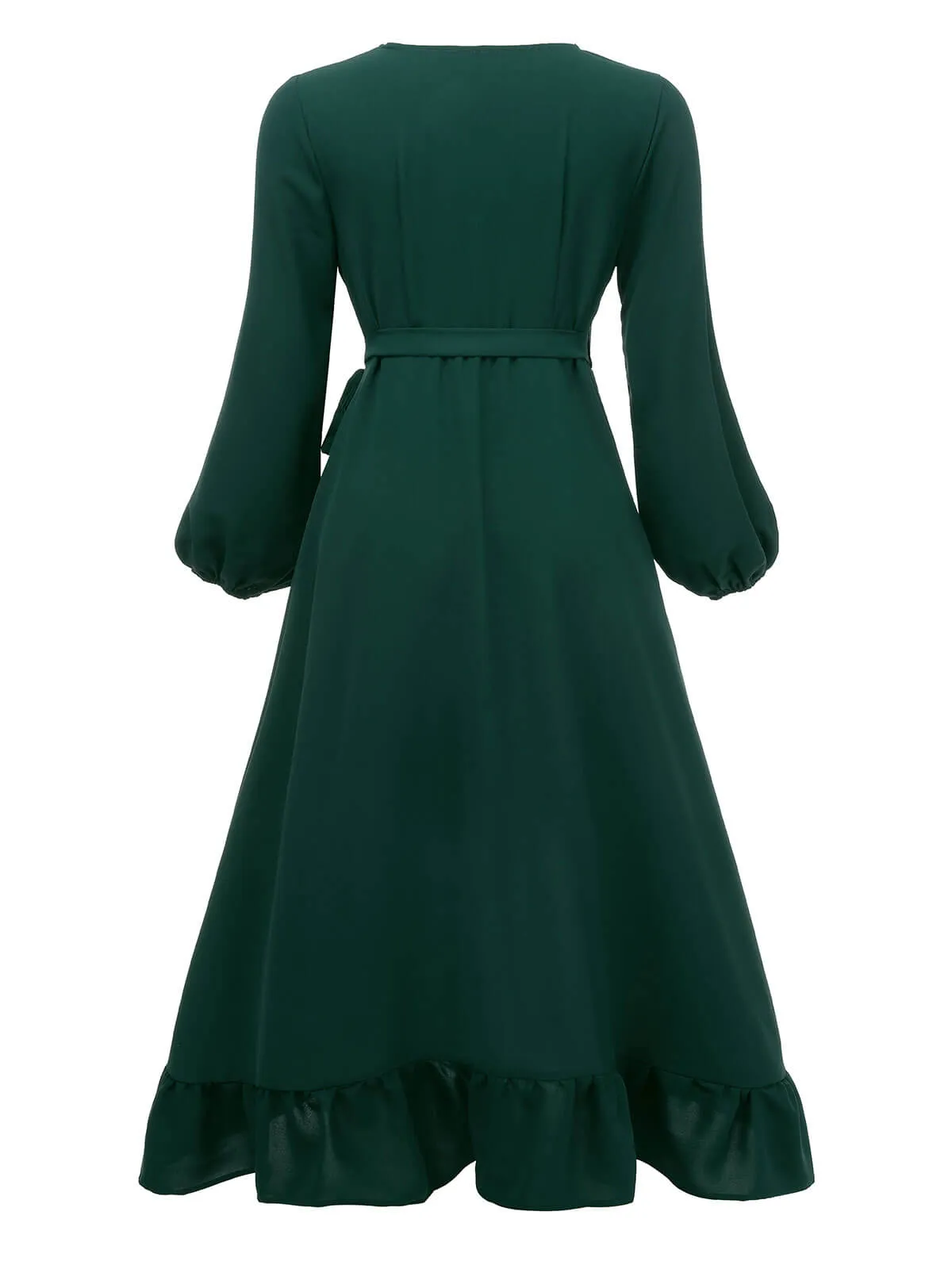 Green 1950s Lantern Sleeve Wrap V-Neck Dress