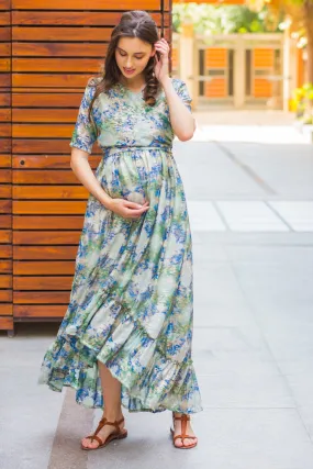 Green Embellished Hi-Low Frill Maternity & Nursing Wrap Dress