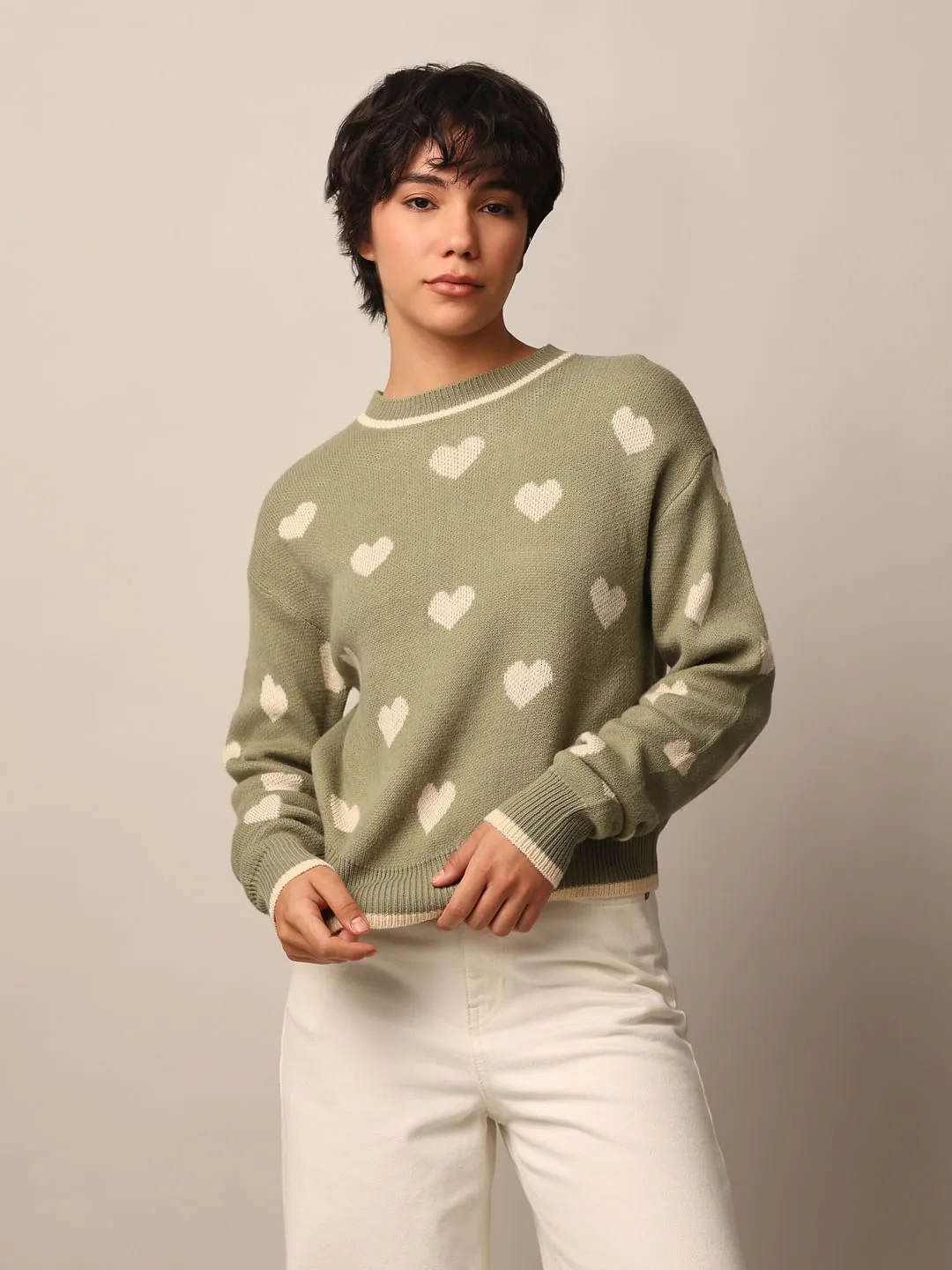 Green Printed Jacquard Knit Pullover