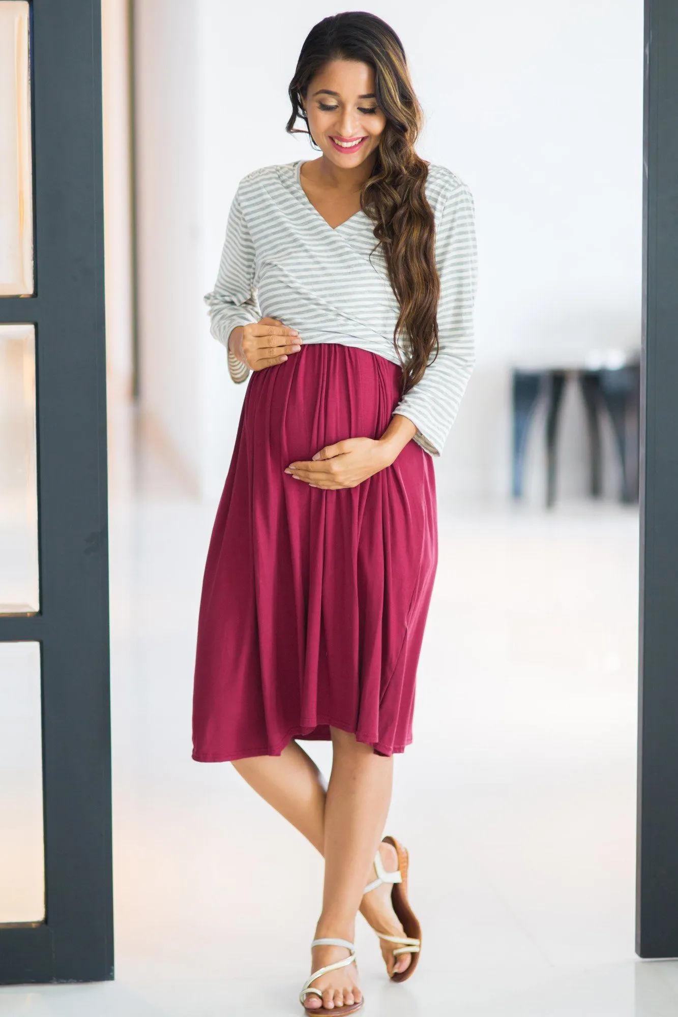 Grey Striped & Wine Wrap Tie Maternity & Nursing Dress