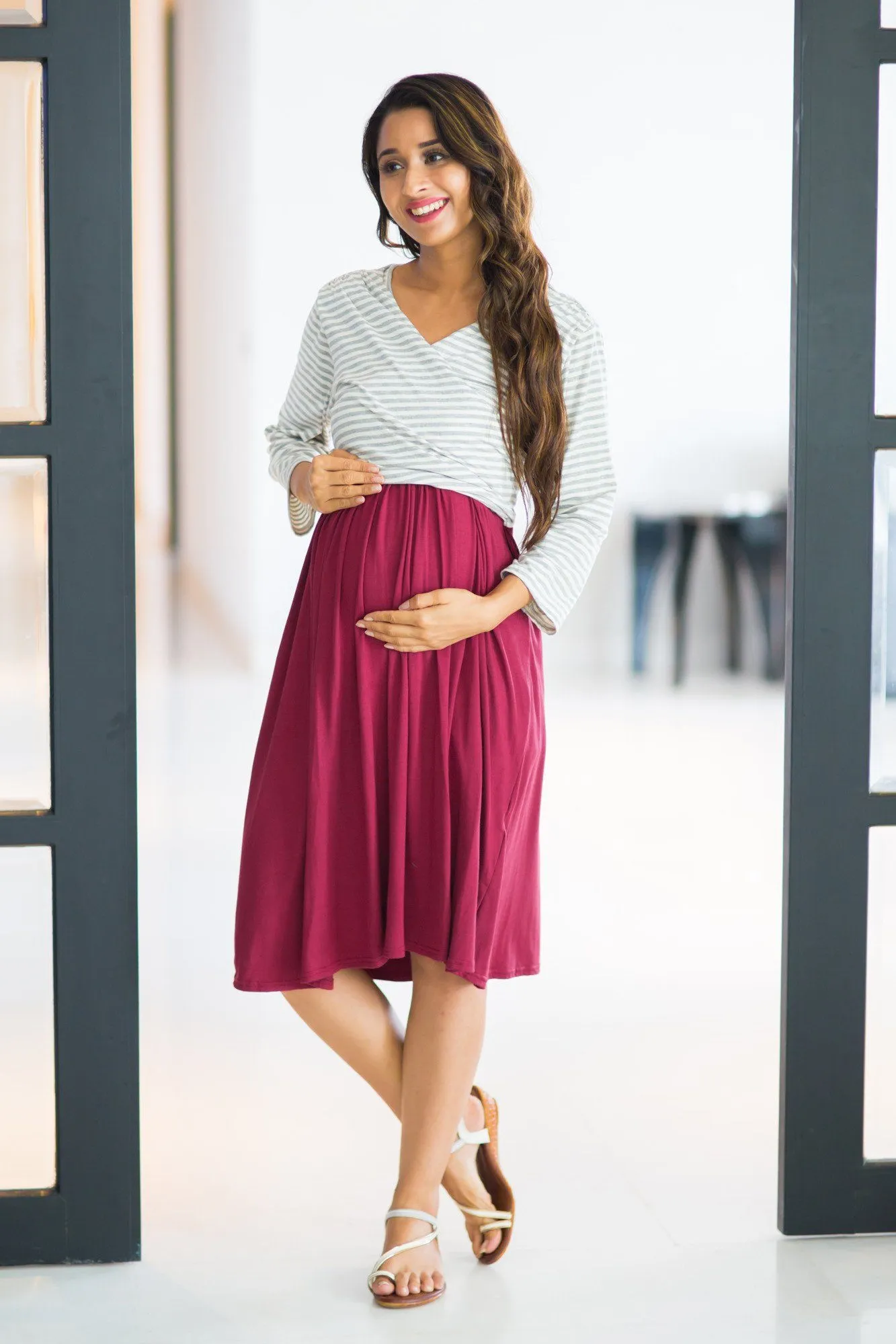 Grey Striped & Wine Wrap Tie Maternity & Nursing Dress