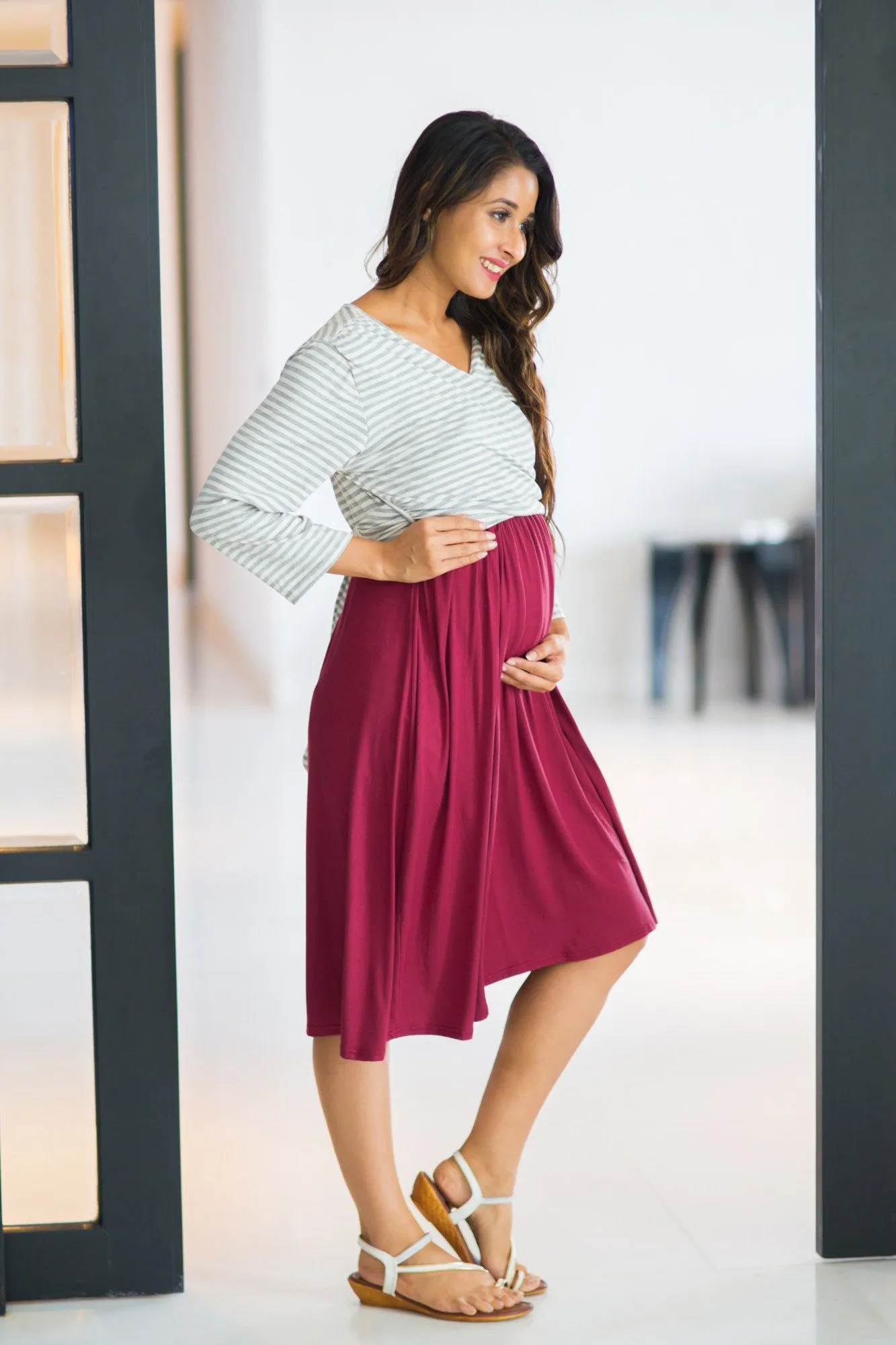 Grey Striped & Wine Wrap Tie Maternity & Nursing Dress