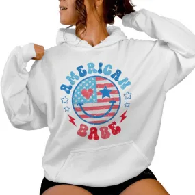 Groovy American Girl Babe Smile Face Usa Flag 4Th Of July Women Hoodie