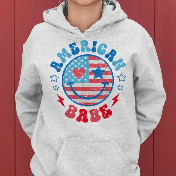 Groovy American Girl Babe Smile Face Usa Flag 4Th Of July Women Hoodie