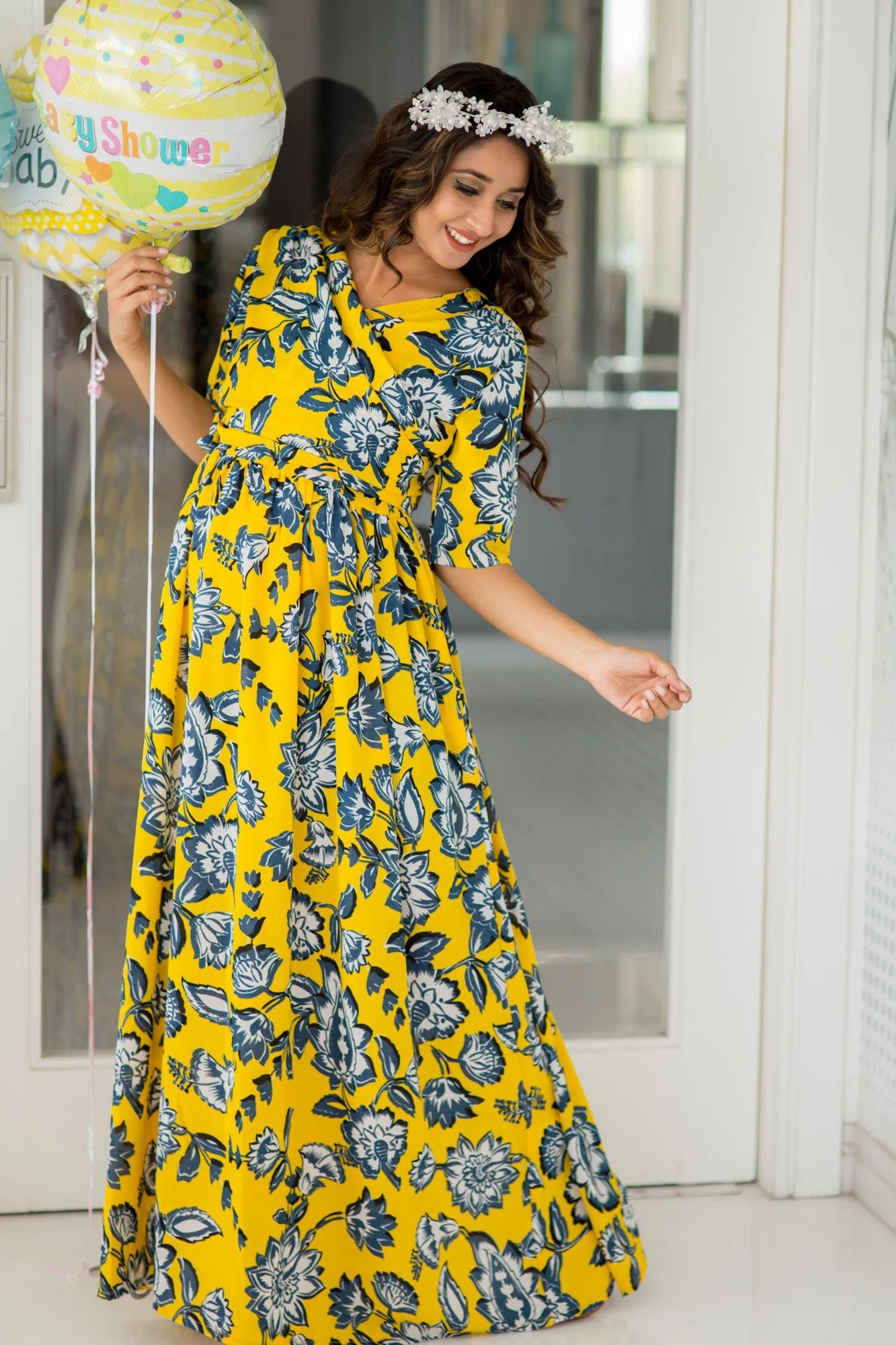 Happy Yellow Floral Maternity & Nursing Wrap Dress