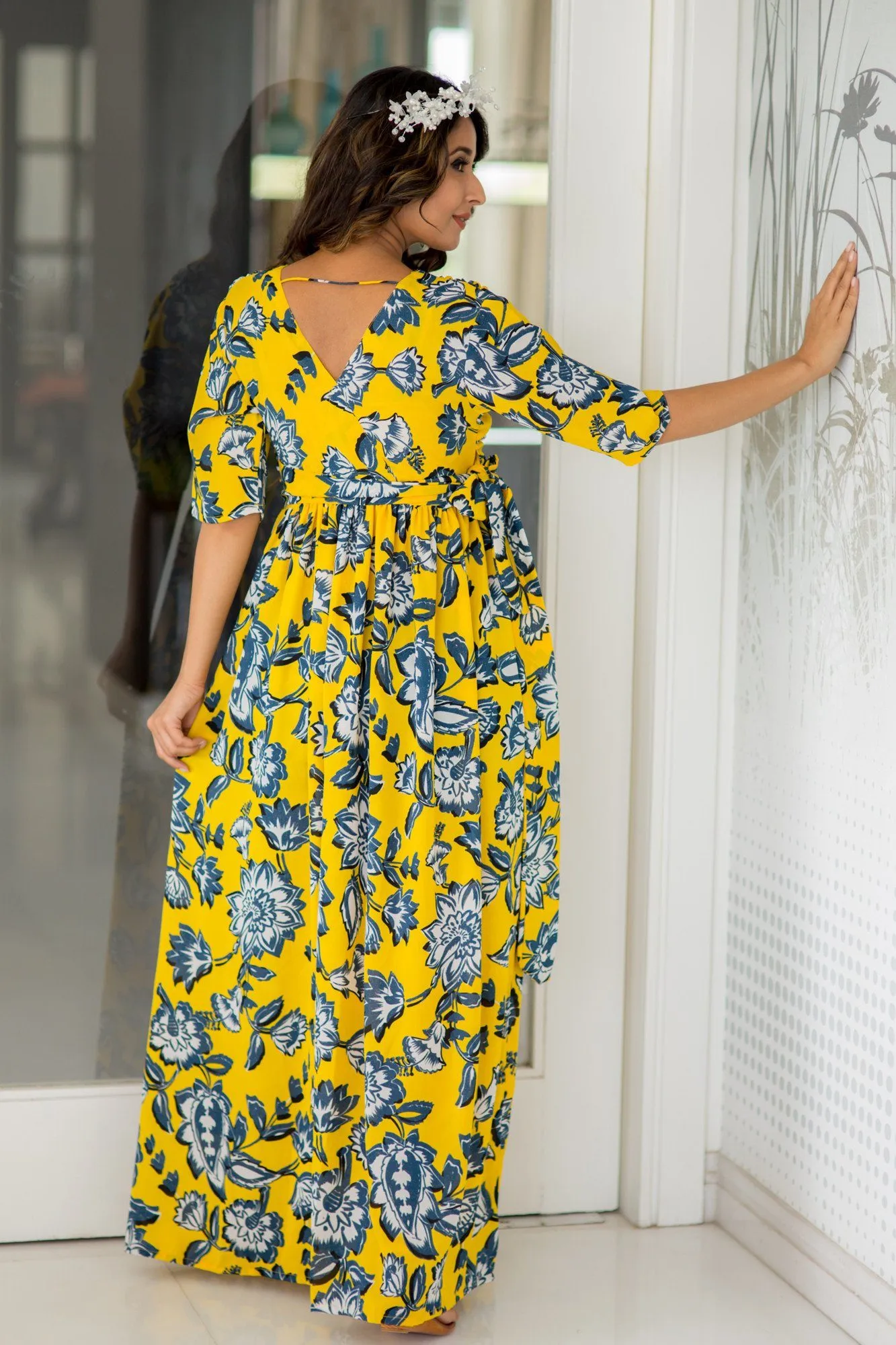 Happy Yellow Floral Maternity & Nursing Wrap Dress