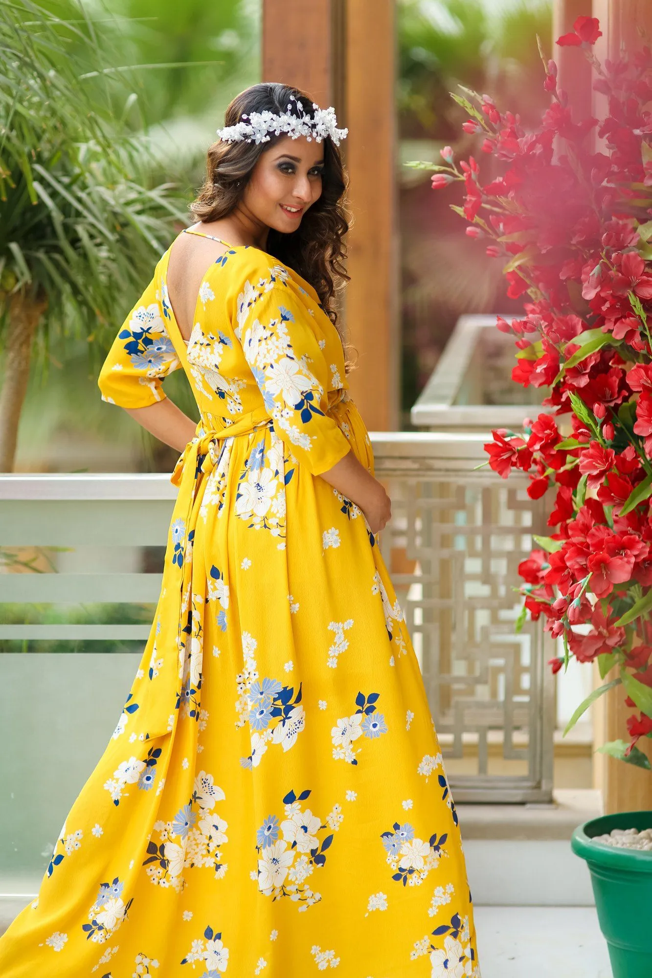 Hello Yellow Floral Maternity & Nursing Crepe Wrap Dress