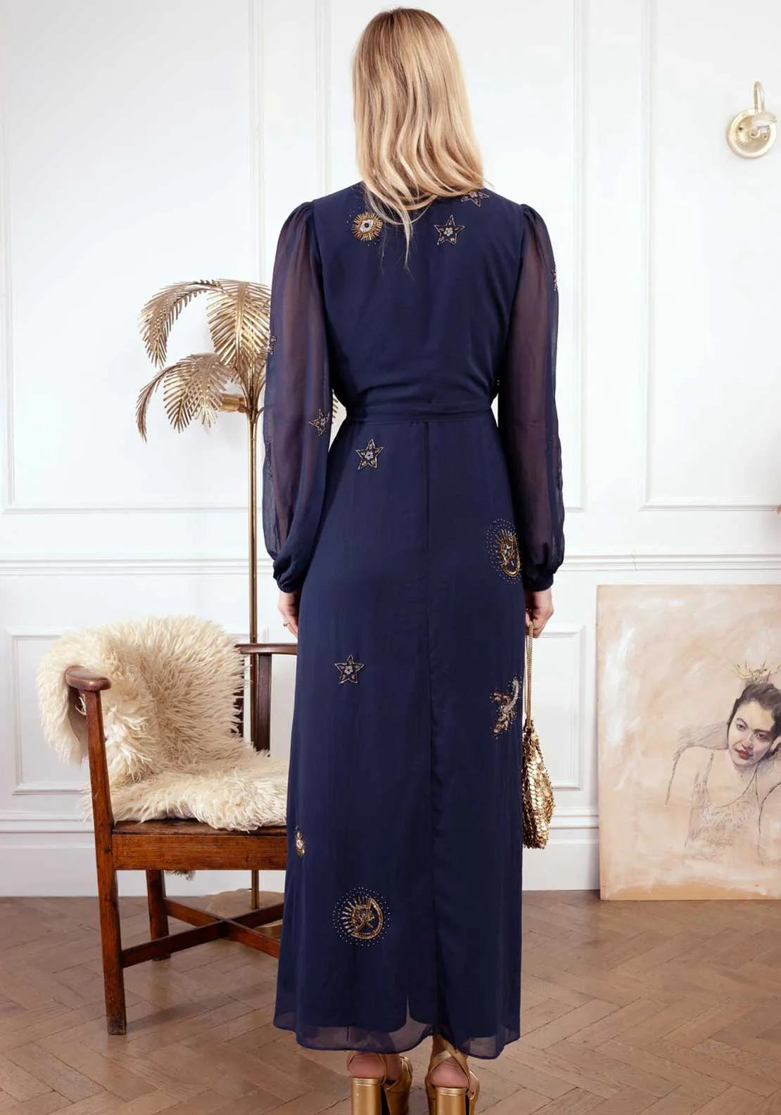 Hope and Ivy Kai Embellished Wrap Dress, Navy