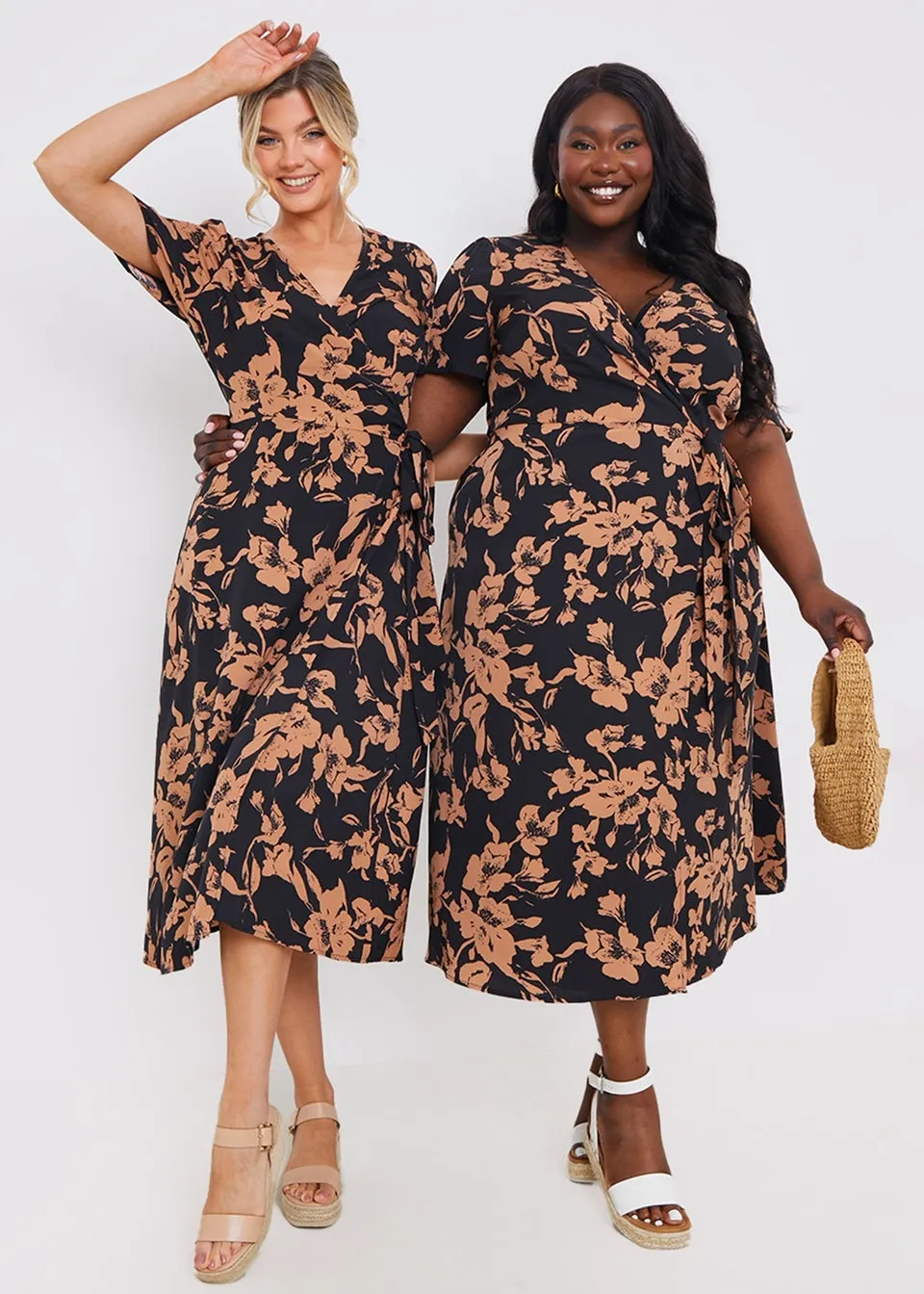 In The Style Black Floral Wrap Midi Dress