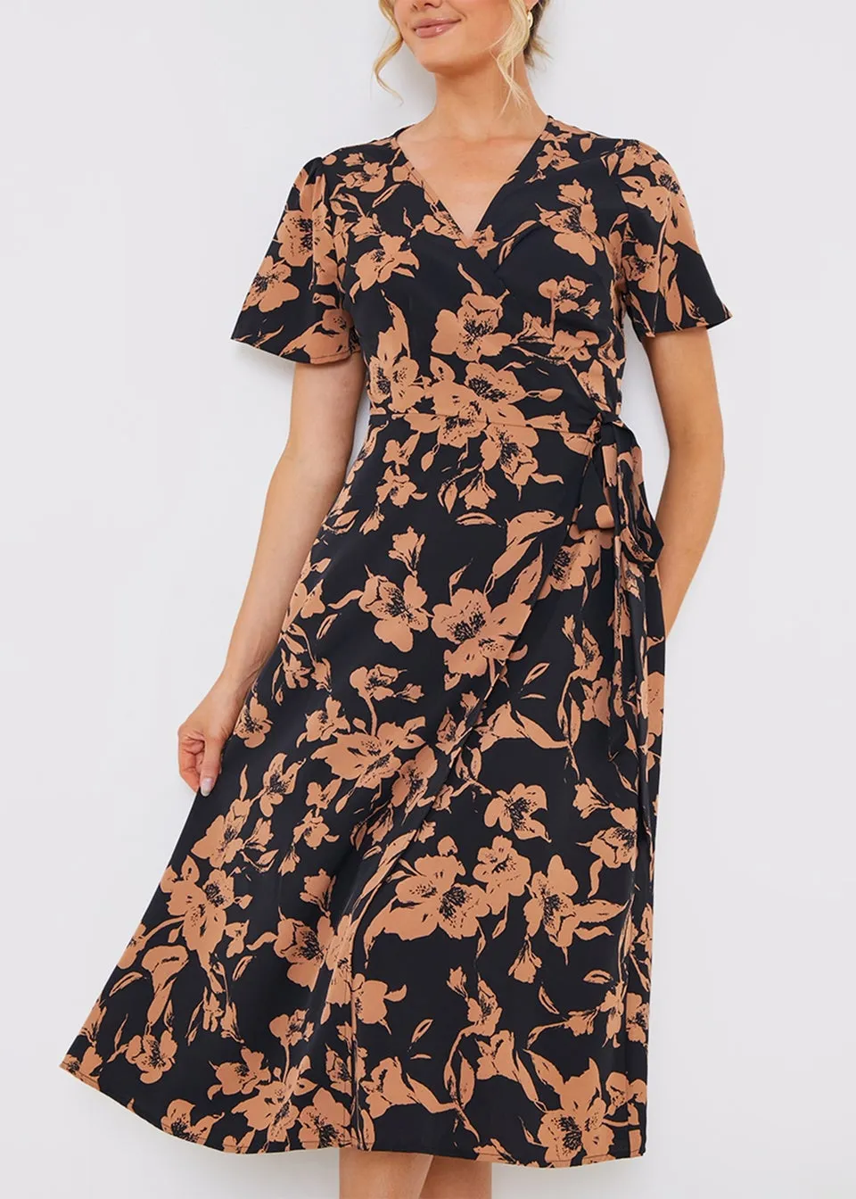 In The Style Black Floral Wrap Midi Dress