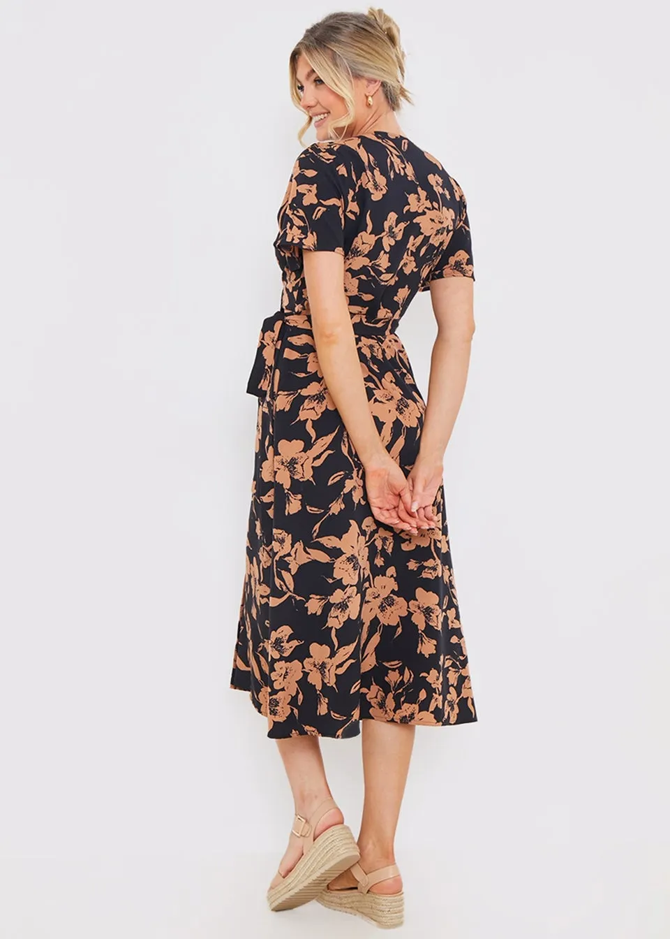 In The Style Black Floral Wrap Midi Dress