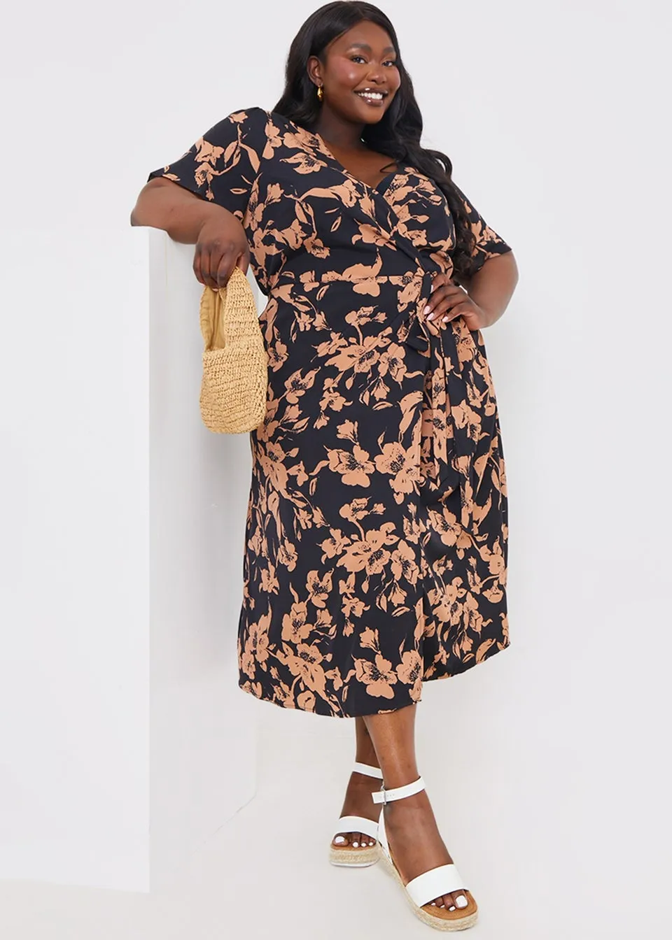 In The Style Black Floral Wrap Midi Dress