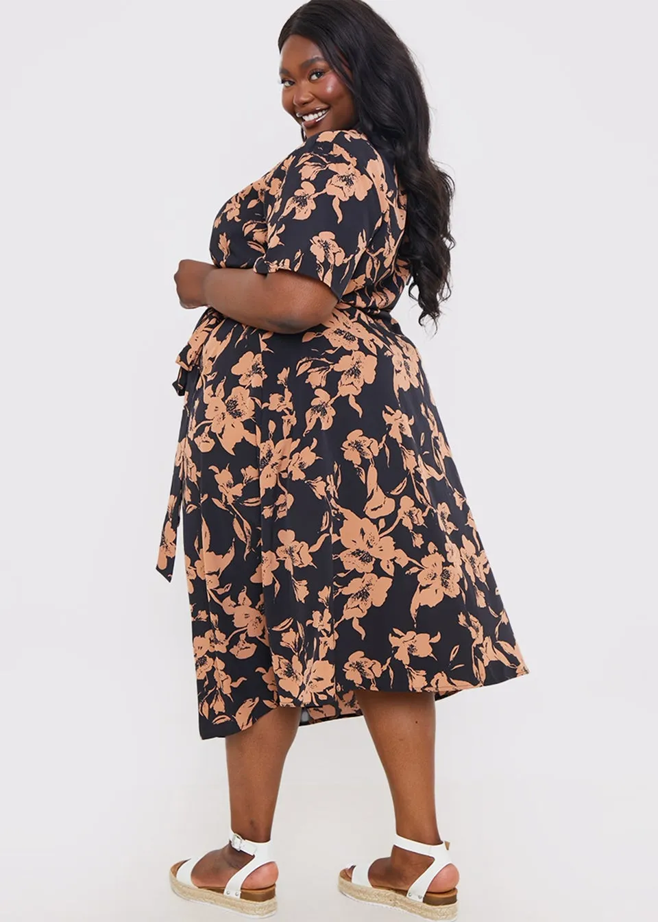 In The Style Black Floral Wrap Midi Dress