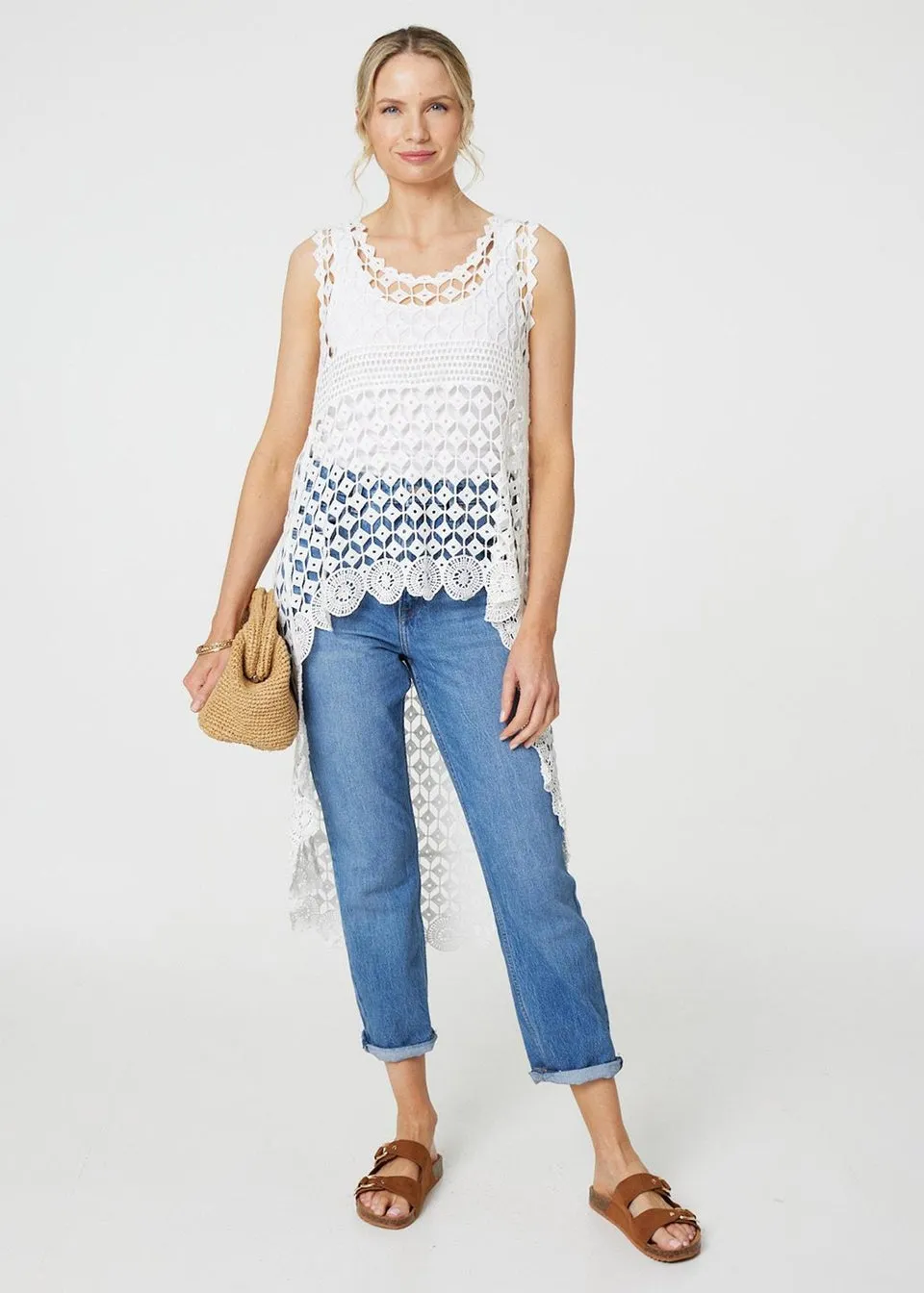 Izabel London White Lace Sleeveless High Low Top